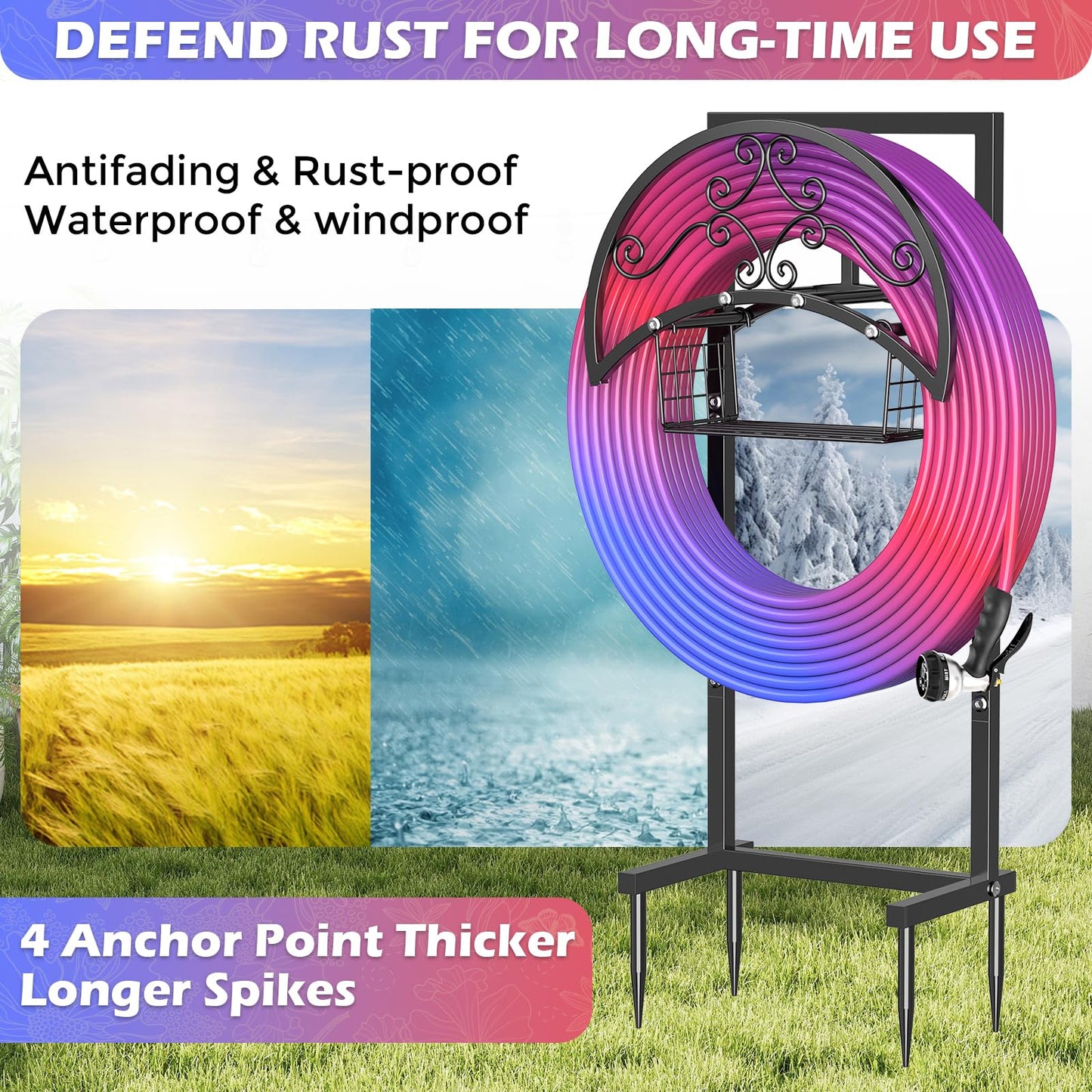 OLV Hose Holder with Storage Basket, Outdoor Decorative Water Garden Hose Holder Freestanding Stake Reels Holds 150-ft Pipe, Heavy Duty Metal Hose Storage Stand Hanger Rack for Outside Yard Lawn Farm
