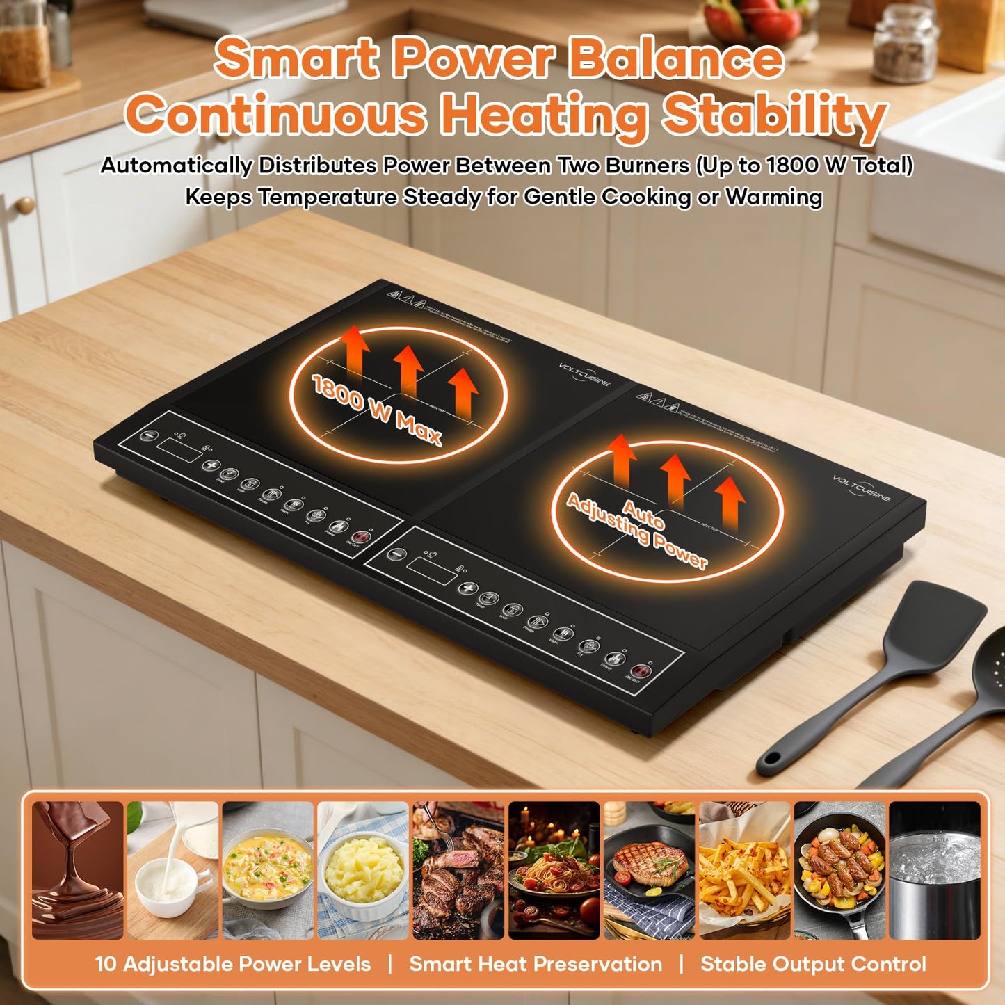 VoltCuisine 24 Inch Double Induction Cooktop, Button Control, 1800W Power Sharing, Low Power Continuous Heating, Portable Countertop Electric Cooker