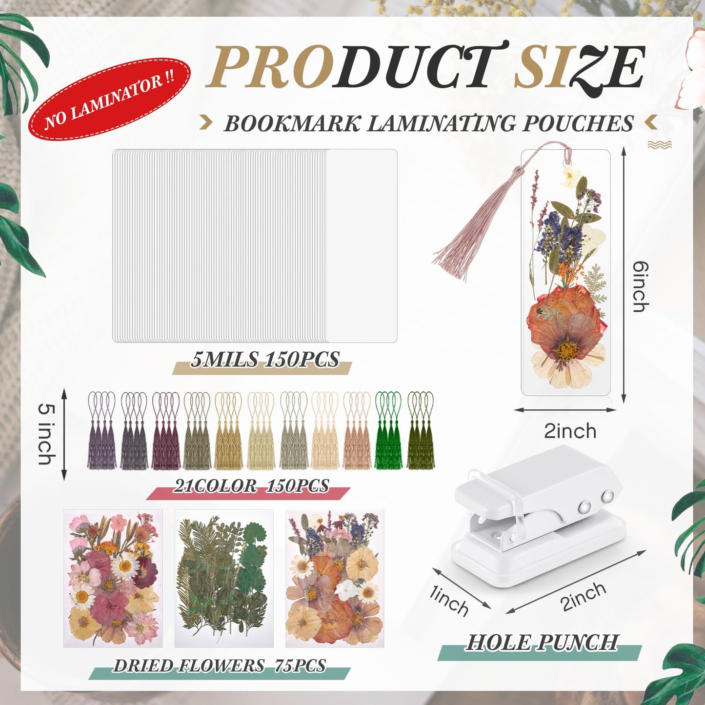 Fuyoooo 376 Pcs Dried Flower Bookmark Making Kit, DIY Bookmark Laminating Pouches with Tassels and Puncher, Handmade Craft Kit for Women, DIY Gifts for Book Lovers (Retro Color,2 x 6 Inch)