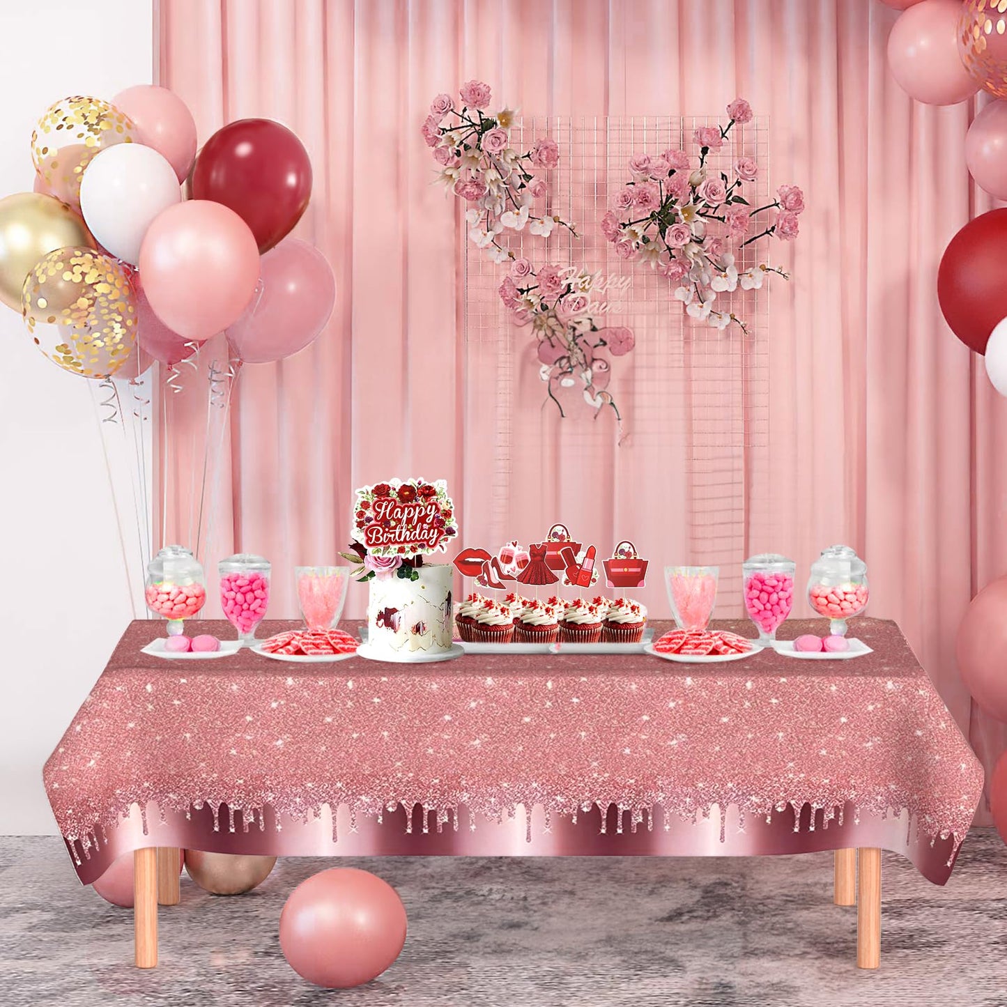 167Pcs Happy Birthday Decorations for Women with Butterfly Sticker Cupcake Toppers, Burgundy Balloon Arch Kit Maroon Rose Gold Balloons Backdrop Tablecloth Floral Burgundy Birthday Party Supplies