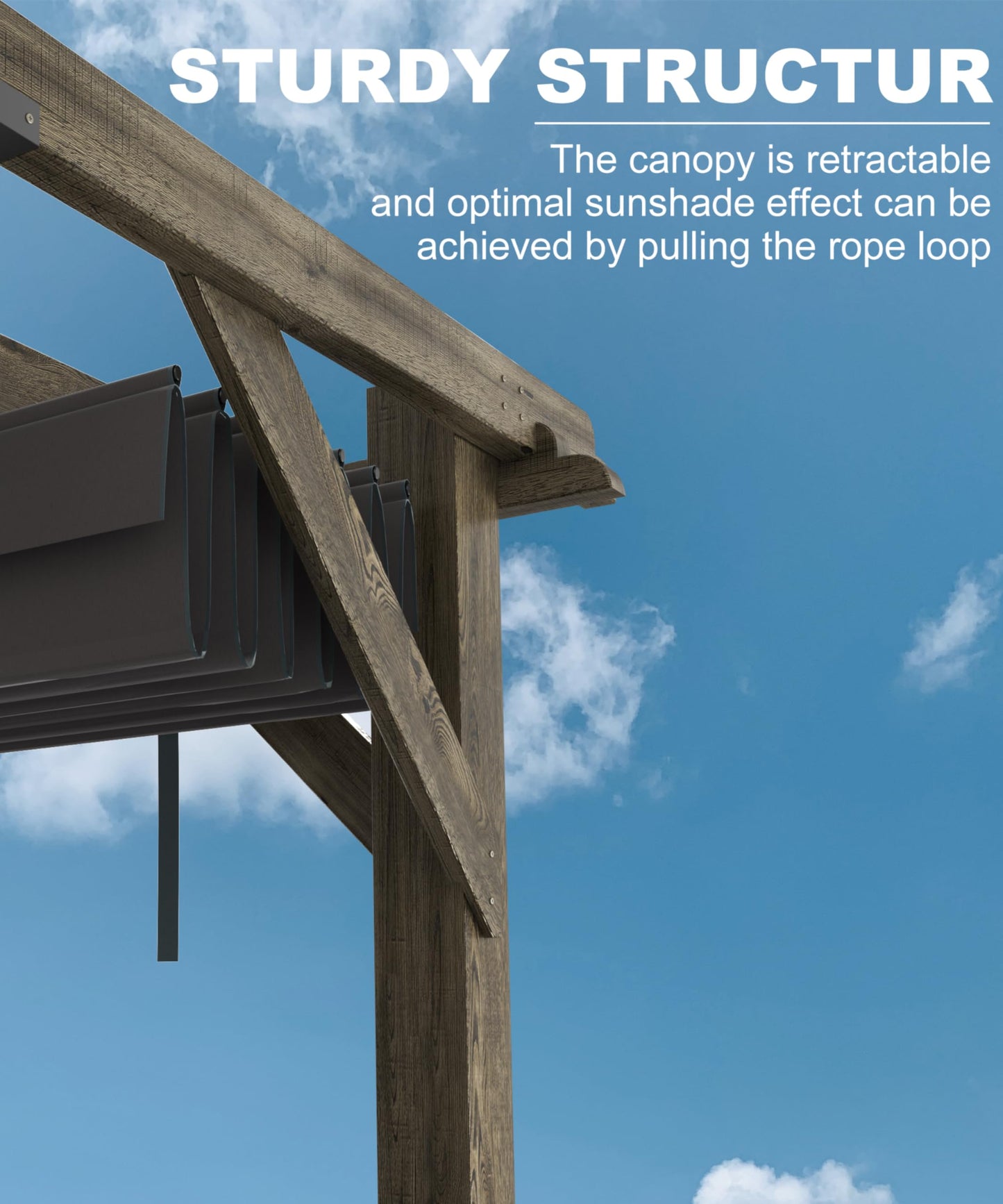 Perbyste 10'X 12' Outdoor Pergola, Wood Pergola with Retractable Shade Canopy for Backyards, Gardens, Patios, Deck - Charcoal Gray