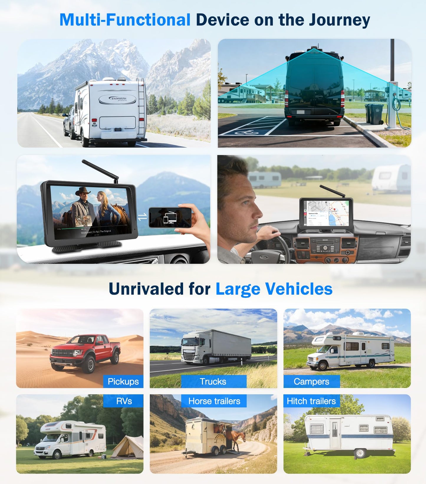 PORMIDO Wireless Backup Camera for RV: 7" Portable Touchscreen with Apple CarPlay/Android Auto - 10000mAh Solar Magnetic HD 1080P Rear View System for Large Vehicle Truck Trailer Camper Pickup Reverse