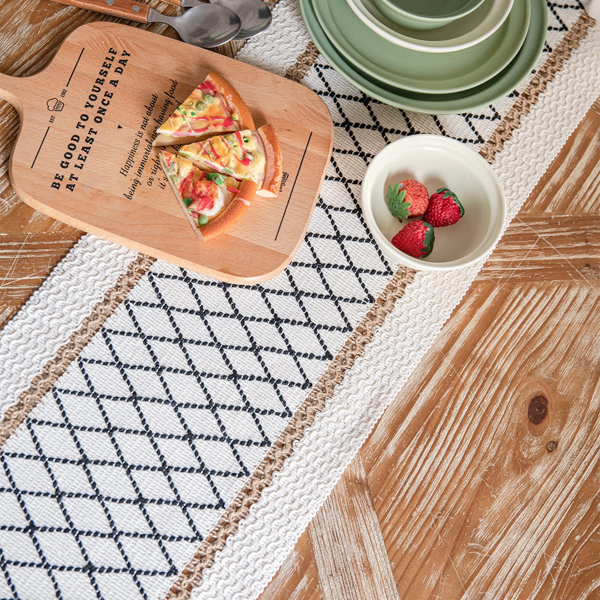 Table Runner, Boho Table Runner Cotton Linen Table Decorations, Farmhouse Table Runners with Tassels for Bohemian Wedding Bridal Shower Rustic Home Dining Table (Black/Grid/12x72)