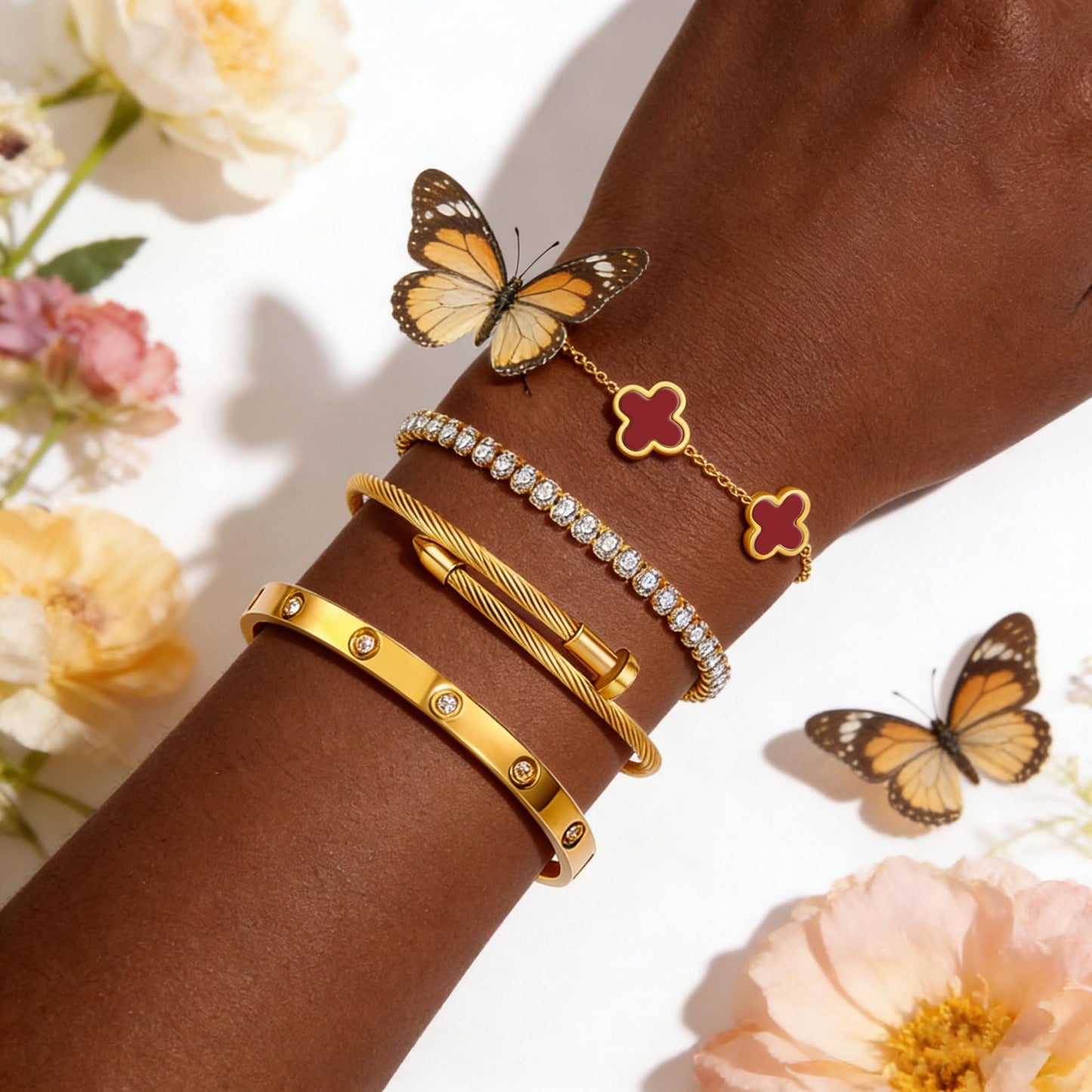 Gold Bracelets for Women, 18K Gold Plated Women Tennis Bracelets Clover Nail Love Bangle Bracelet Set, Gold Bracelet Stackable Set Trendy Jewelry, Gifts for Women's Day and Mother's Day (12-Color- 4 Red)