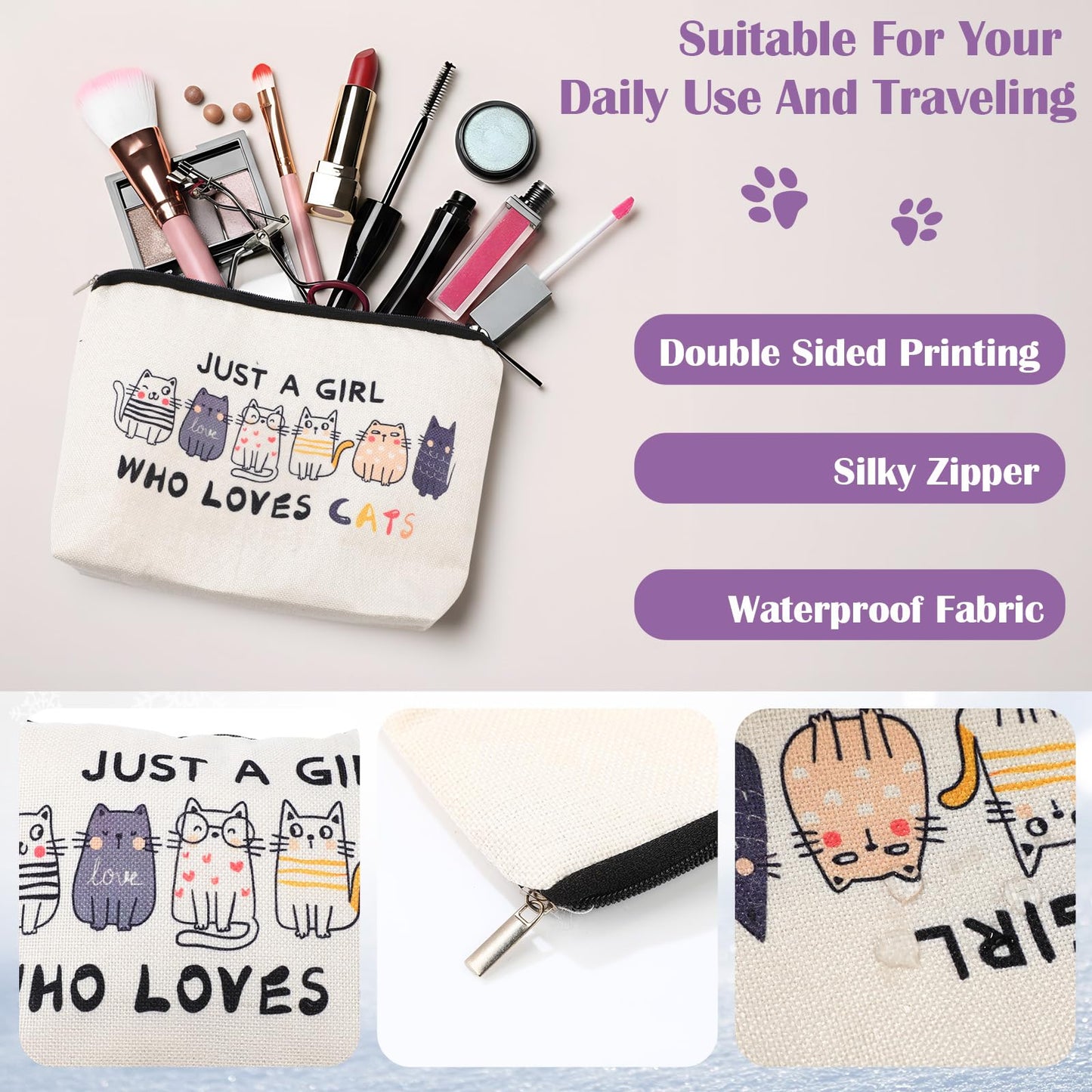 Mepase 6 Pcs Winter Cat Gifts Set for Women Birthday Include Cat Beanie, Scarf, Touchscreen Gloves, Flannel Throw Blanket Makeup Pouch and Transparent Zip Tote Purple Knit Valentine Gift Accessories