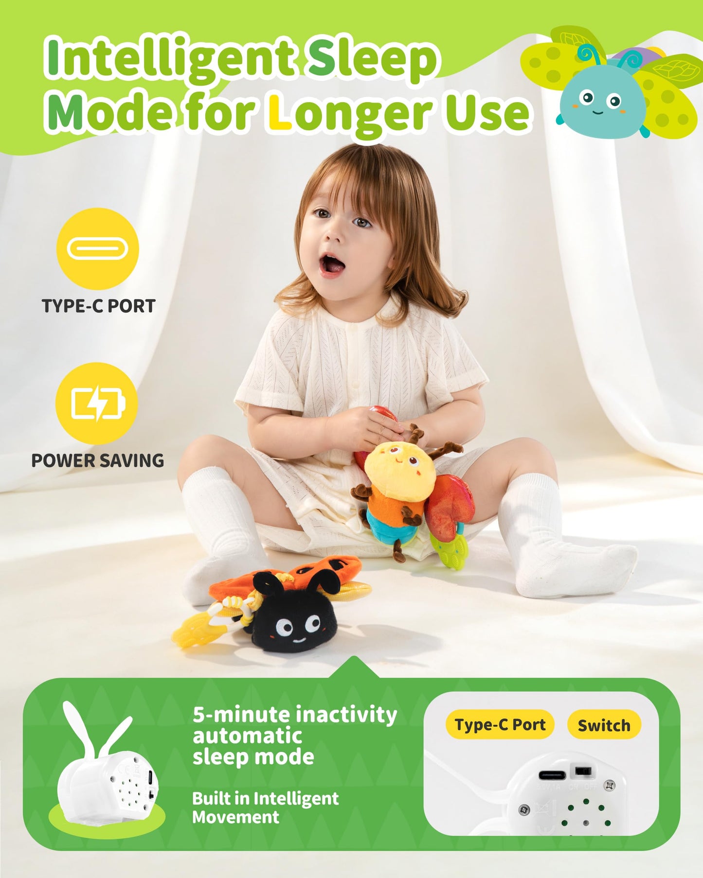 Jollybaby Musical Flying Bee Toy - Car Seat, Stroller, Crib & Play Gym Hanging Toys for Baby 0-6-12-24 Months, Tummy Time Sensory Music Toy for Infant Boys and Girls Gifts