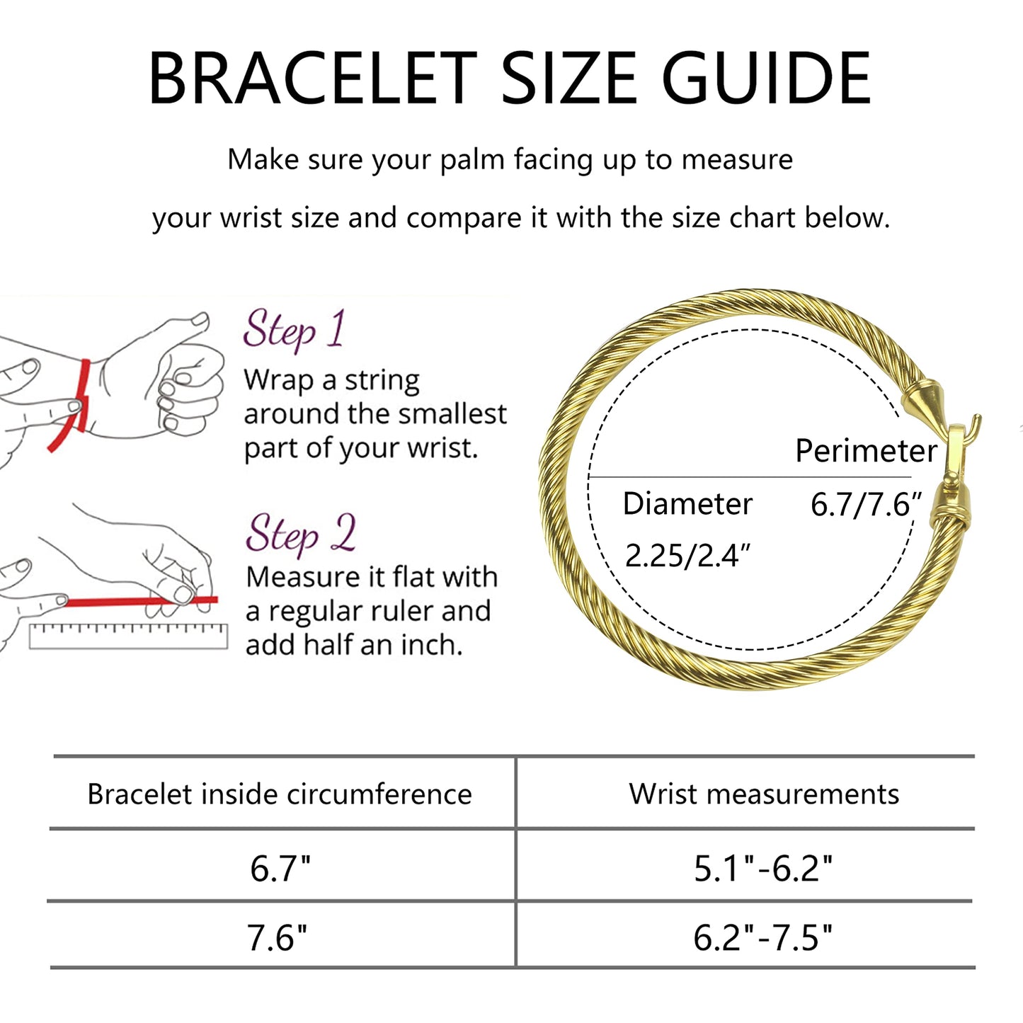 HX SHARE Twisted Cable Bracelet Stylish Fine Stainless Steel Cable Cuff Bracelet with Hook Clasp Bracelets Jewelry for Women 18K Gold （7.6"）