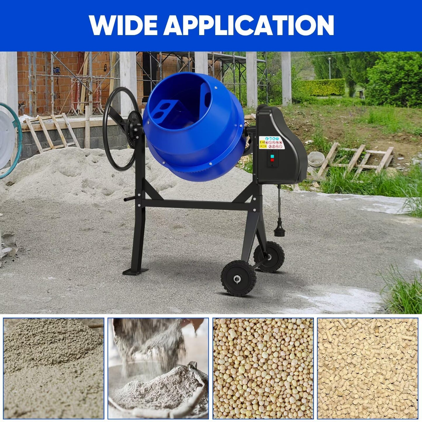 4.3 Cu.Ft Cement Mixer, 450W 3/5HP Electric Cement Mixer Machine, Heavy Duty Potable Concrete Mixer Machine with Wheel and Stand for Stucco, Mortar, Seeds, Blue