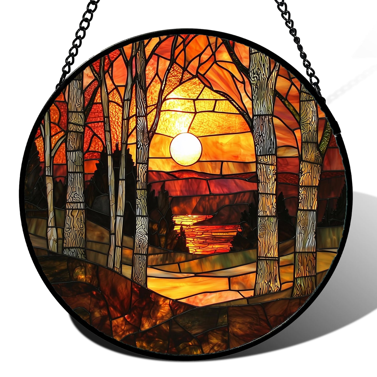 JOSUMALY Stained Glass Window Hanging, Orange Red Landscape Forest Lake Moon Suncatcher for Doors Window Home Sun Catchers Decor Mother's Day Birthday Gifts for Women Men Mom 7.8 in