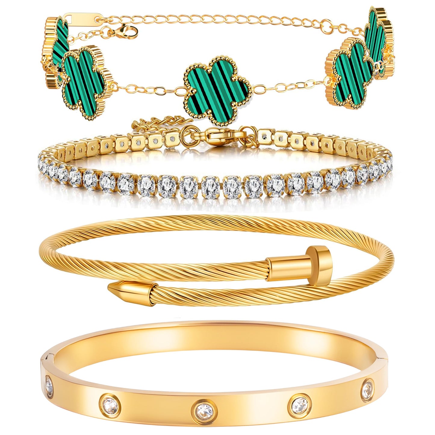 Lamdo 18K Gold Plated Womens Stackable Floral Gold Clover Bracelets Set Love Bangle Bracelets Non Tarnish, Gold Bracelet Set Trendy Jewelry,Gifts for Women's Day and Mother's Day