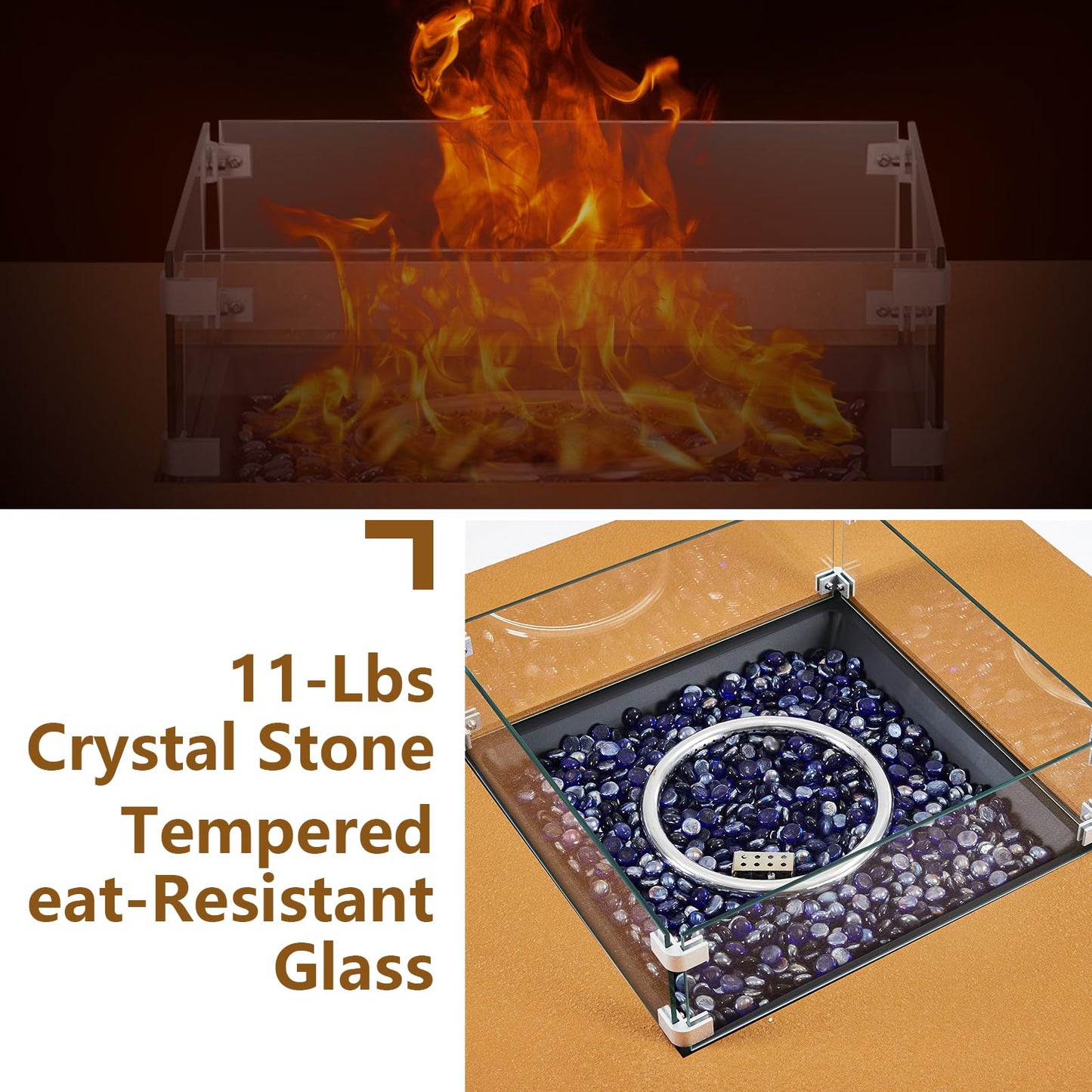 Outdoor Fire Pit Table 36 Inch, Outdoor Fire Pit Patio Fireplace Heater with Thermostat, Iron Yellow Leather-Color Fire Pit with Glass Wind Shield, Crystal Stones, Covers & Handles