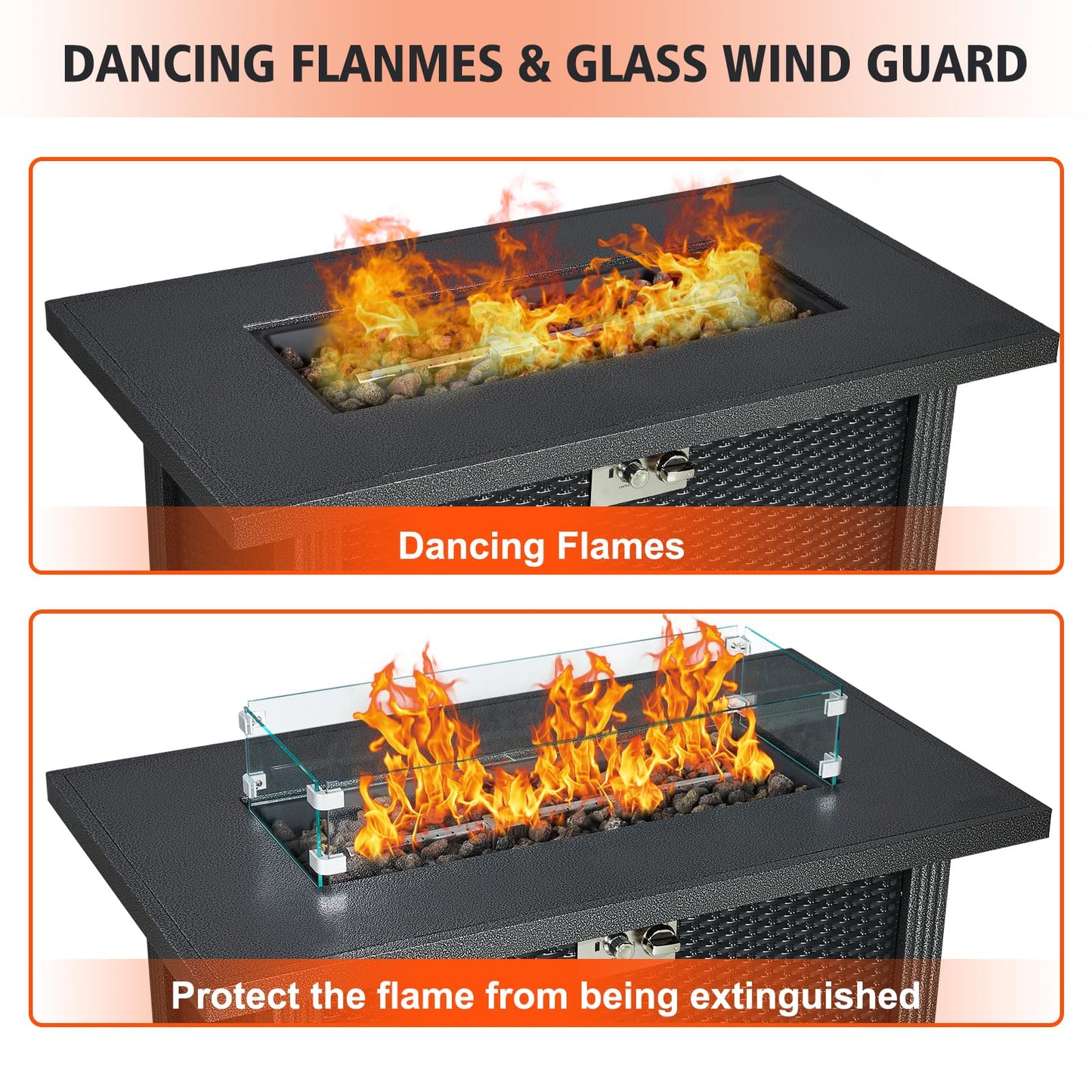 Outdoor Fire Table, 44 inch Rectangle Propane Gas Fire Pit Table, 50,000 BTU Modern Firepit with Wind Guard, Lava Rock, Rain Cover