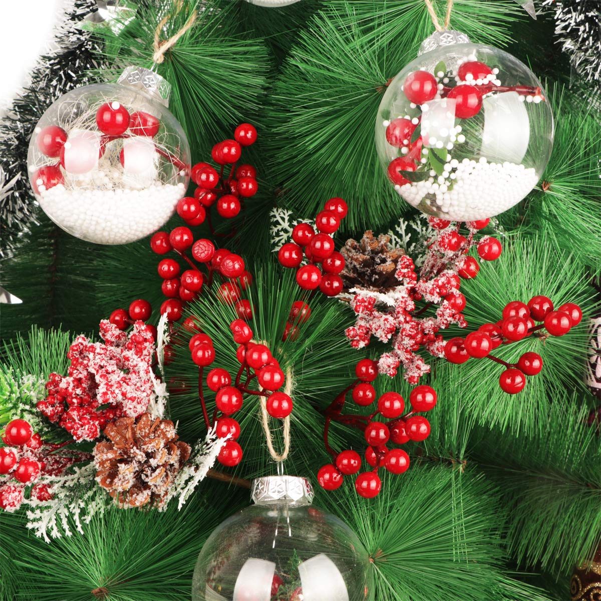 Fangoo 20 Pack 7 Inch Artificial Red Berry Picks for Christmas Tree Burgundy Red Berries Stems Holly Berry Branches Ornaments Wreath Crafts Wedding Holiday Season Winter Home Decor