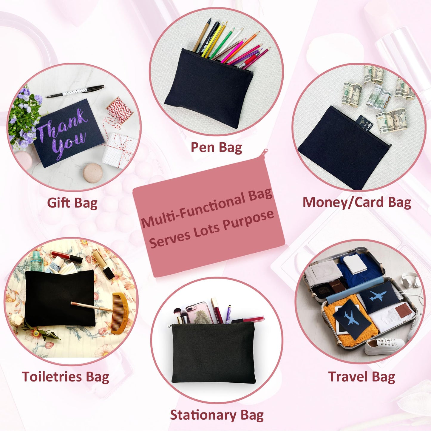 Koolmox 20 Pieces Bulk 9x7 Large Black Canvas Makeup Bags, DIY Canvas Pouch Cosmetic Pouches with Zipper for Gifts Craft Sublimation Heat Transfer Painting Patches Embroidery Travel Storage