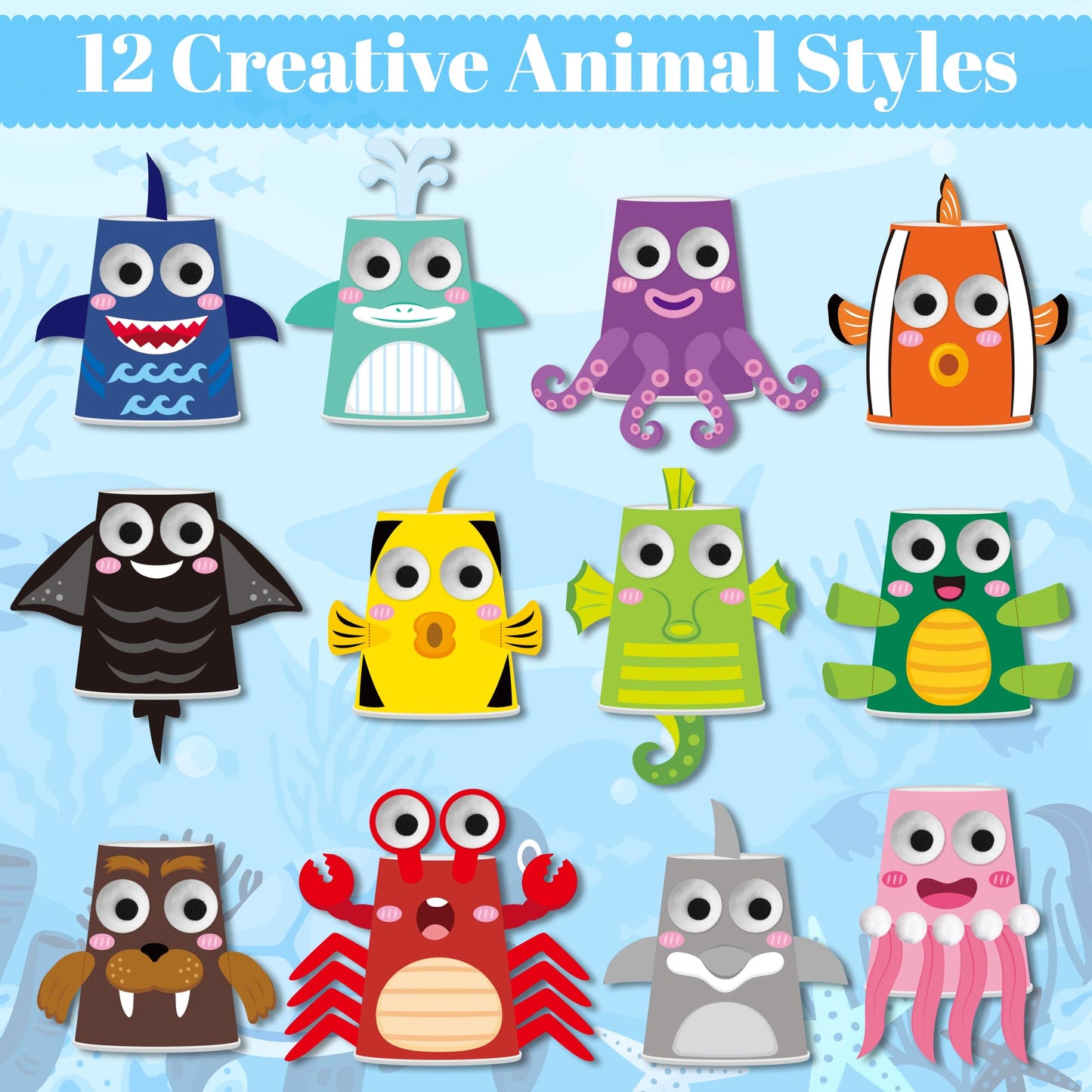 BeYumi Ocean Animals Craft Kit - 12Pcs Summer Arts and Crafts for Kids Toddler Paper Cup Craft Kit with 12 Cartoon Animal Projects DIY Gift for Birthday Party Preschool Classroom Fun Activity Ages 3-6
