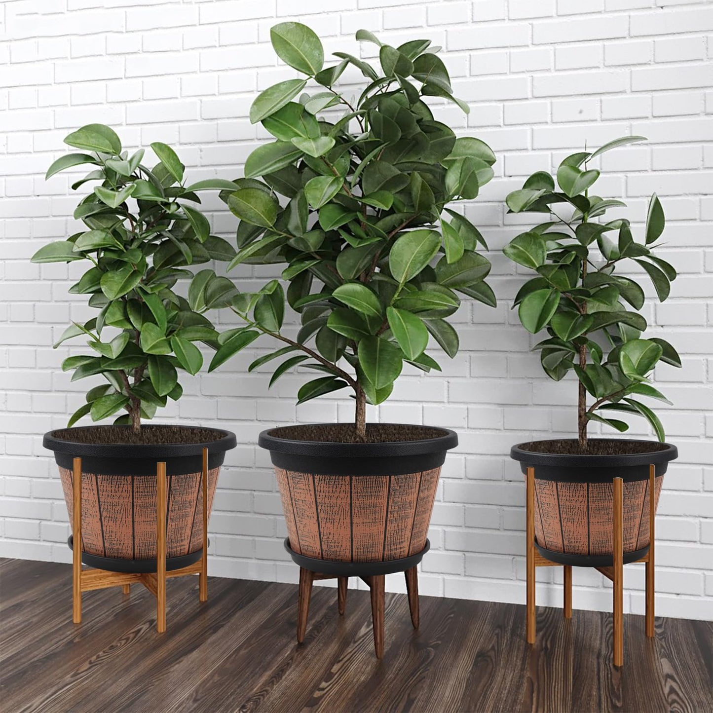 Quarut Large 4 Pack 14 inch Plant Pots,Whiskey Barrel Planters with Drainage Holes & Saucer,Plastic Decoration Flower Pots Retro Design,Planters for Outdoor Indoor Garden Balcony Plants (Brown)