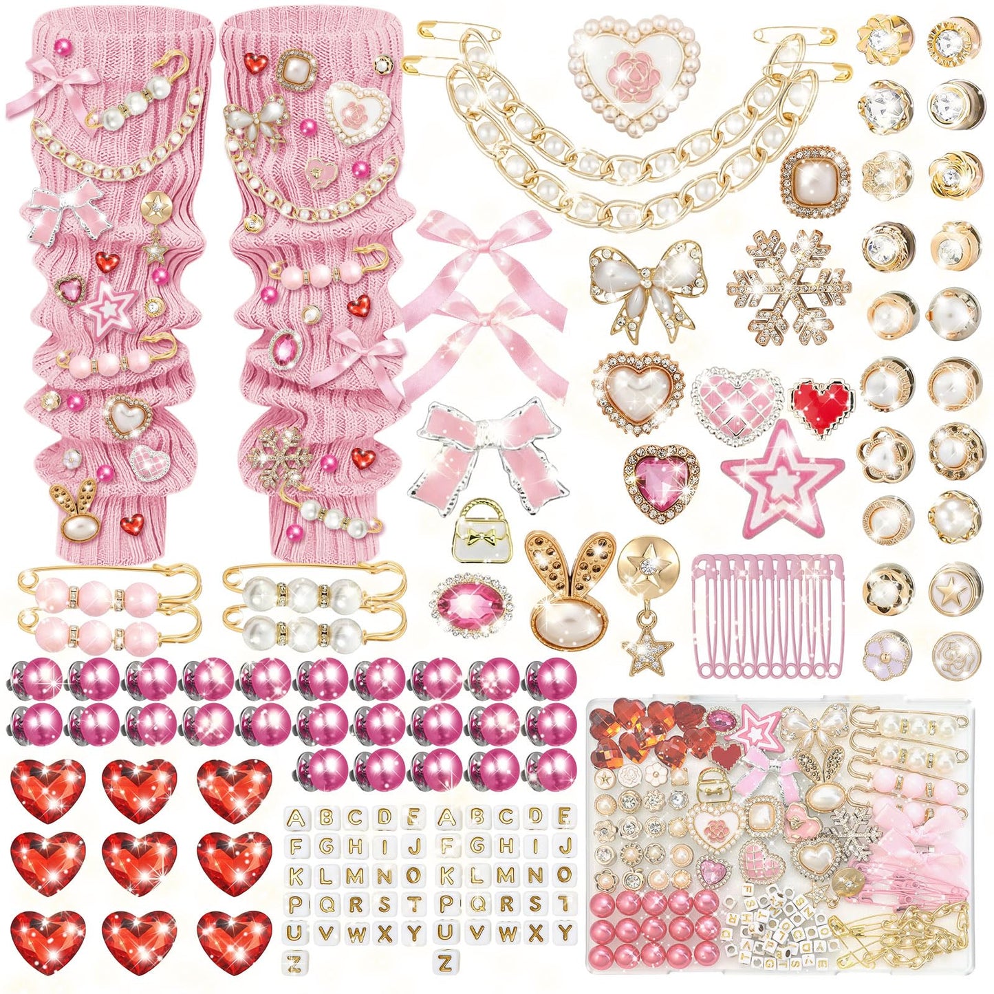 Auliand 139 Pcs Junk Socks Charms Kit, Brooches and Pins for Women, Shoe Charms with Pearl Safety Pins and Brooch Buttons, Teen Girl DIY Accessories for Decorating Socks, Sneaker, Clothes (Pink)