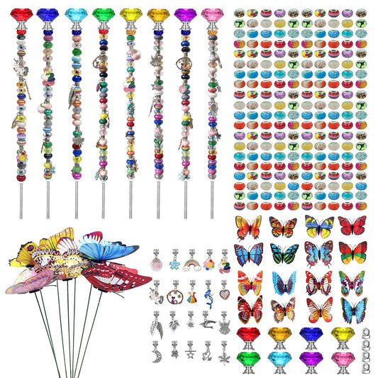 KUKKUME 260PCS DIY Fairy Wand Garden Stake Kits Decorative with 8 Diamond Stopper Tops 200 Colorful Beads 20 Pendants 8 Luminous Butterfly 8 Double-Winged Butterfly for Indoor Outdoor Plant Pot Décor