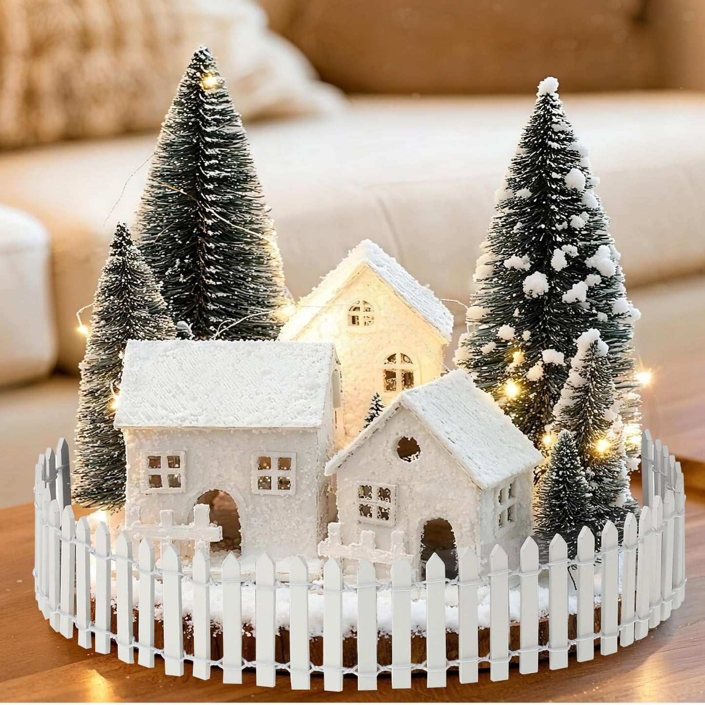 Soulchen 25 Pcs Christmas Village Set with LED Light Christmas Table Centerpiece Village Houses Display Accessory Farmhouse Winter Xmas Figurines Snow Scene Desktop Kit DIY for Holiday Landscape