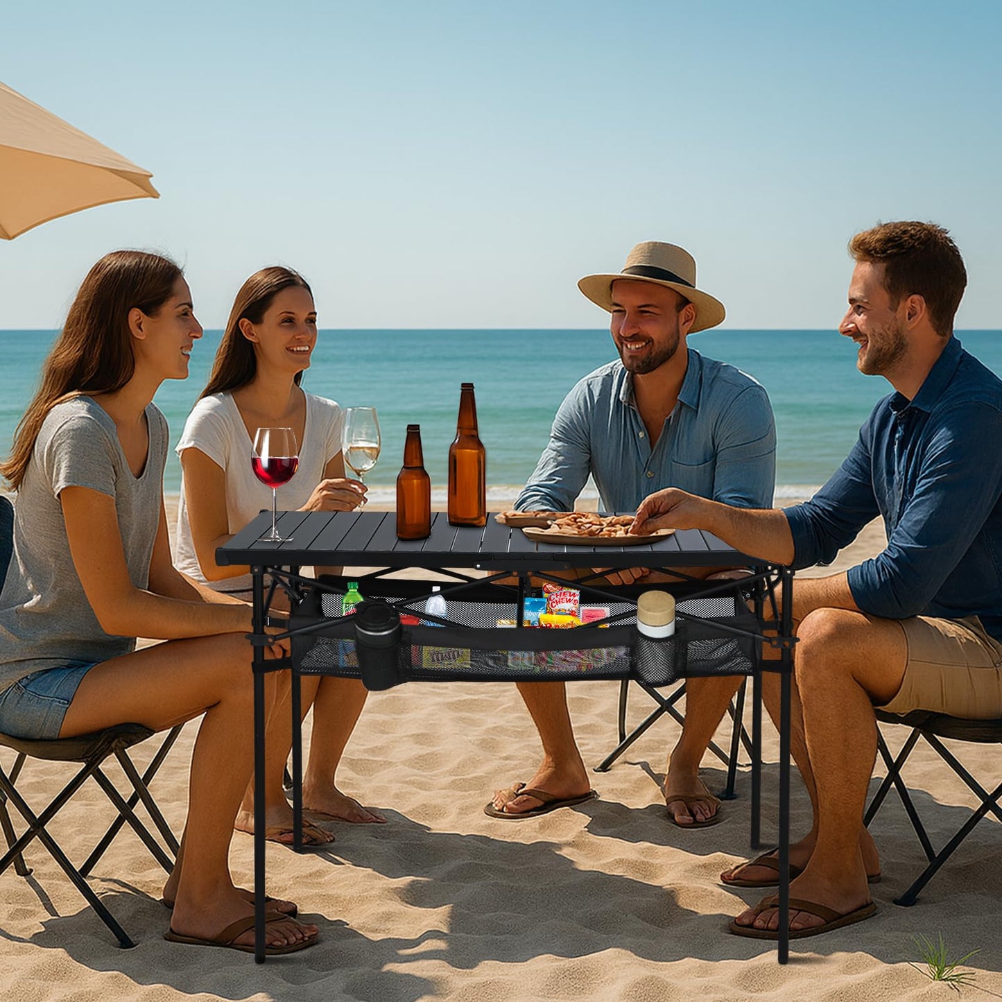 Nice C Portable Folding Camping Table, Aluminum Lightweight Roll-up Top Indoor&Outdoor Collapsible Table, with Mesh Net, Cup Holder, Carry Bag, Steel Frame, for Camping, Sports, BBQ, Picnic (Black)