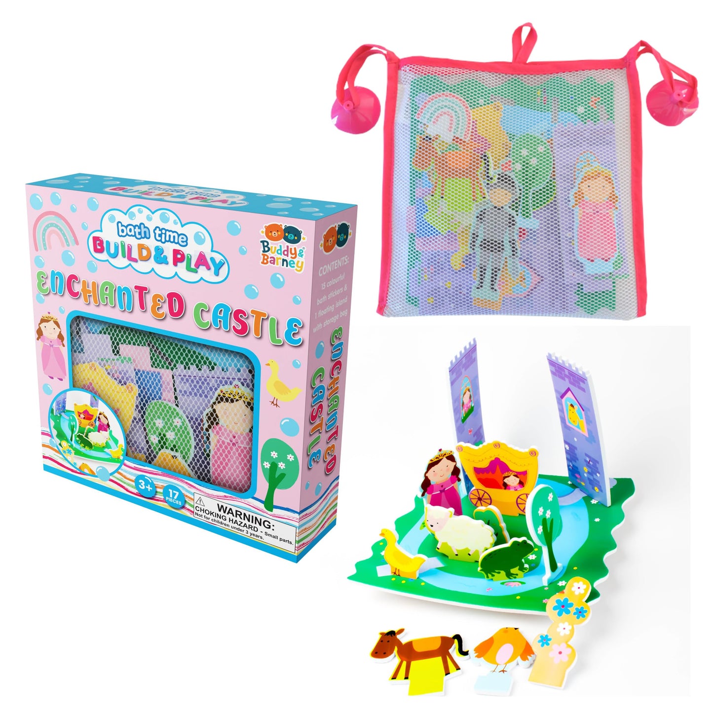 Buddy & Barney: Bath Time: Build & Play - Enchanted Castle - Floating 3D Foam Stickers, Interactive Scene, Suction Cup Mesh Bag, Water Toy, Kids 3+