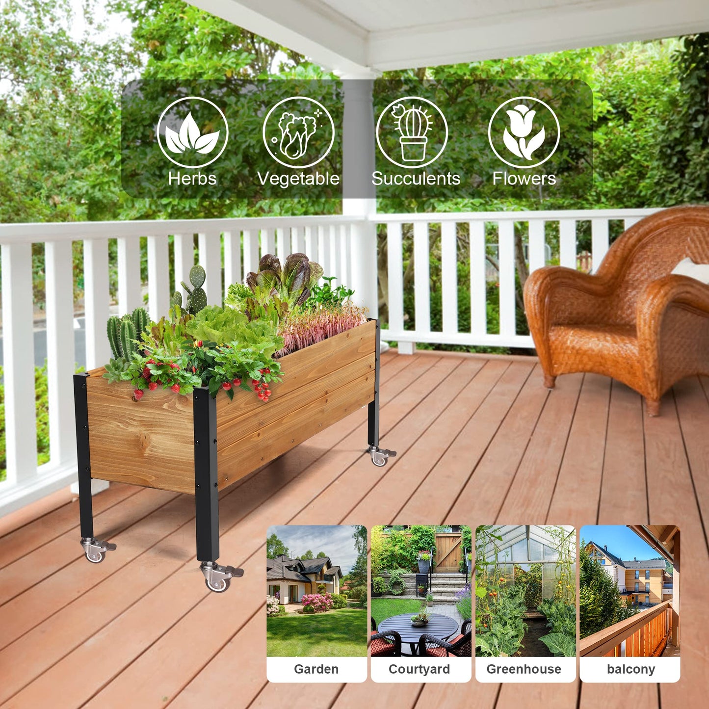 OIPRTGFJ Wood Rectangular Garden Planter Box with Wheel Raised Garden Bed Outdoor,Planters for Outdoor Plants 37 * 13 * 15 Elevated Planter Box for Herbs Vegetables Flowers Outdoor Patio Deck Balcony
