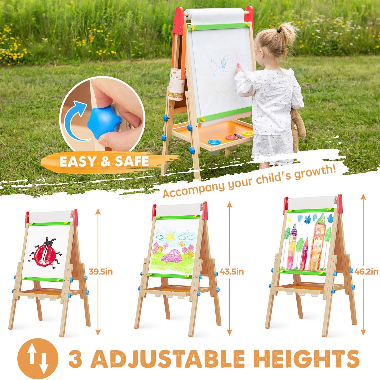 Tiny Land Easel for Kids with 2 Drawing Paper Roll, Adjustable Kids Art Easel, Learning-Toy for 3,4,5,6,7,8 Years Old Boy & Girls, Wooden Chalkboard & Magnetic Whiteboard & Painting Paper Stand