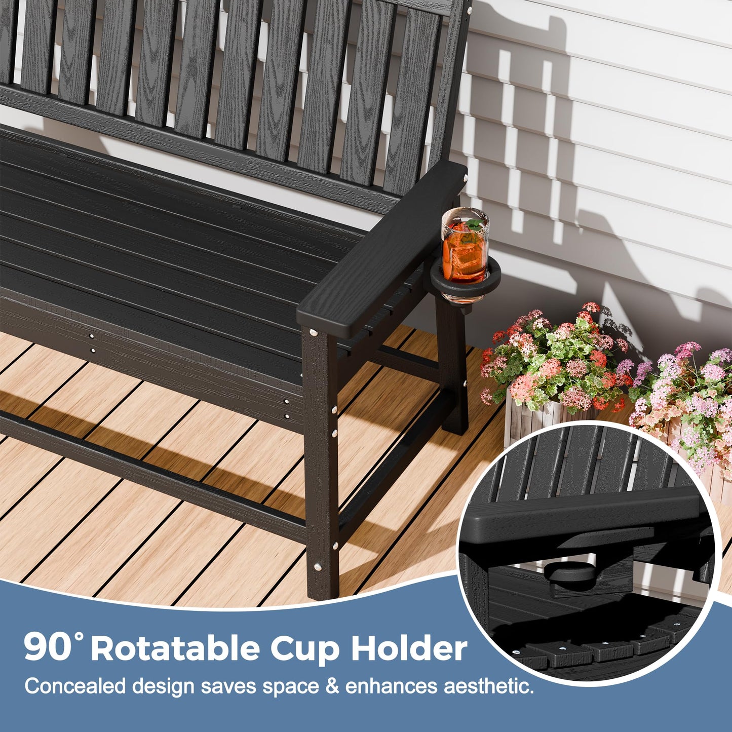 WACASA 48" Outdoor Bench, HDPE Weatherproof Porch Bench, 2-Person Garden Benches with 660 Lbs, Waterproof Patio Benches for Outside Balcony Deck Backyard, Black