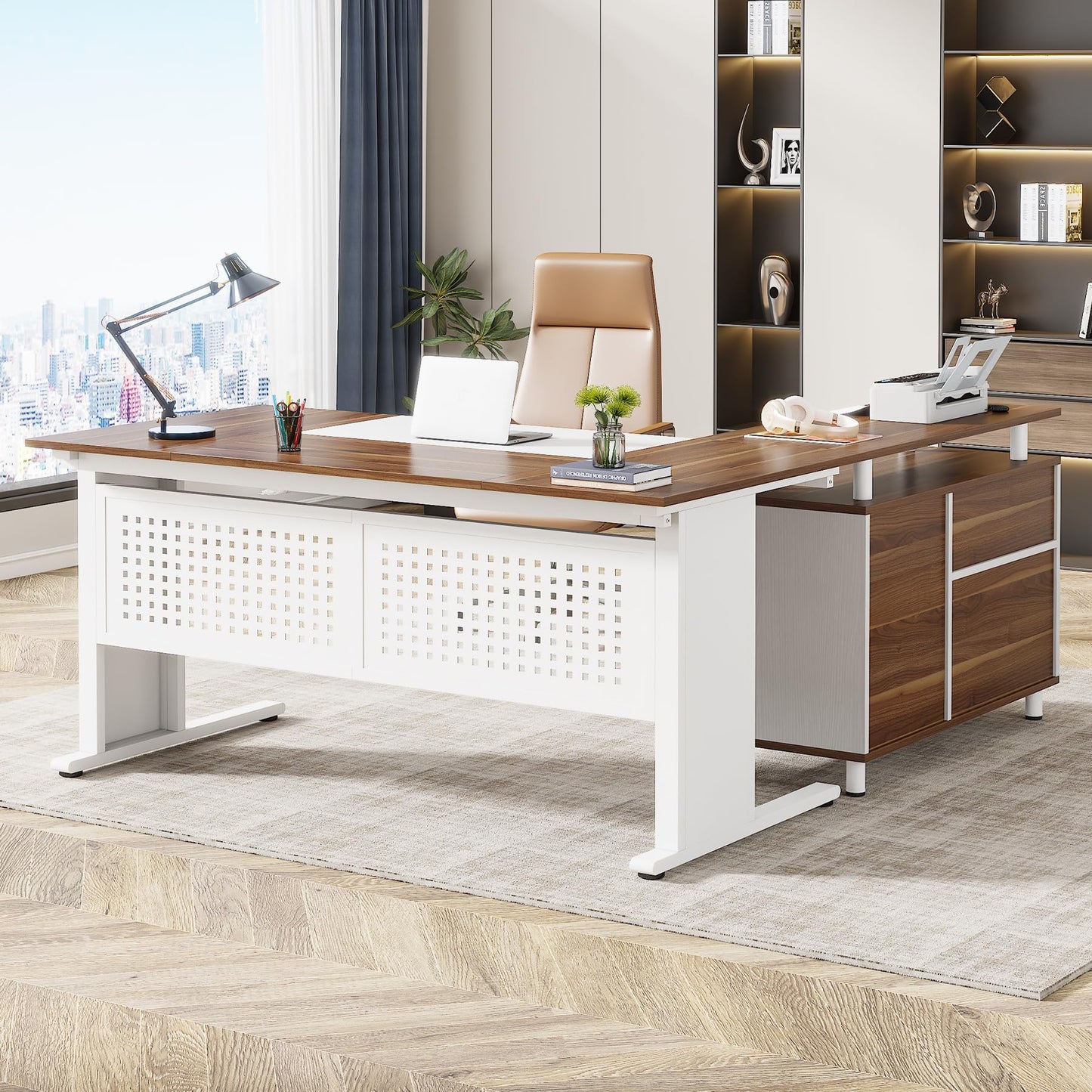 Tribesigns 63 Inch Executive Desk with File Cabinet, L Shaped Office Desk with Drawers and Storage Shelves, Business Furniture Set Workstation for Home Office, White and Walnut