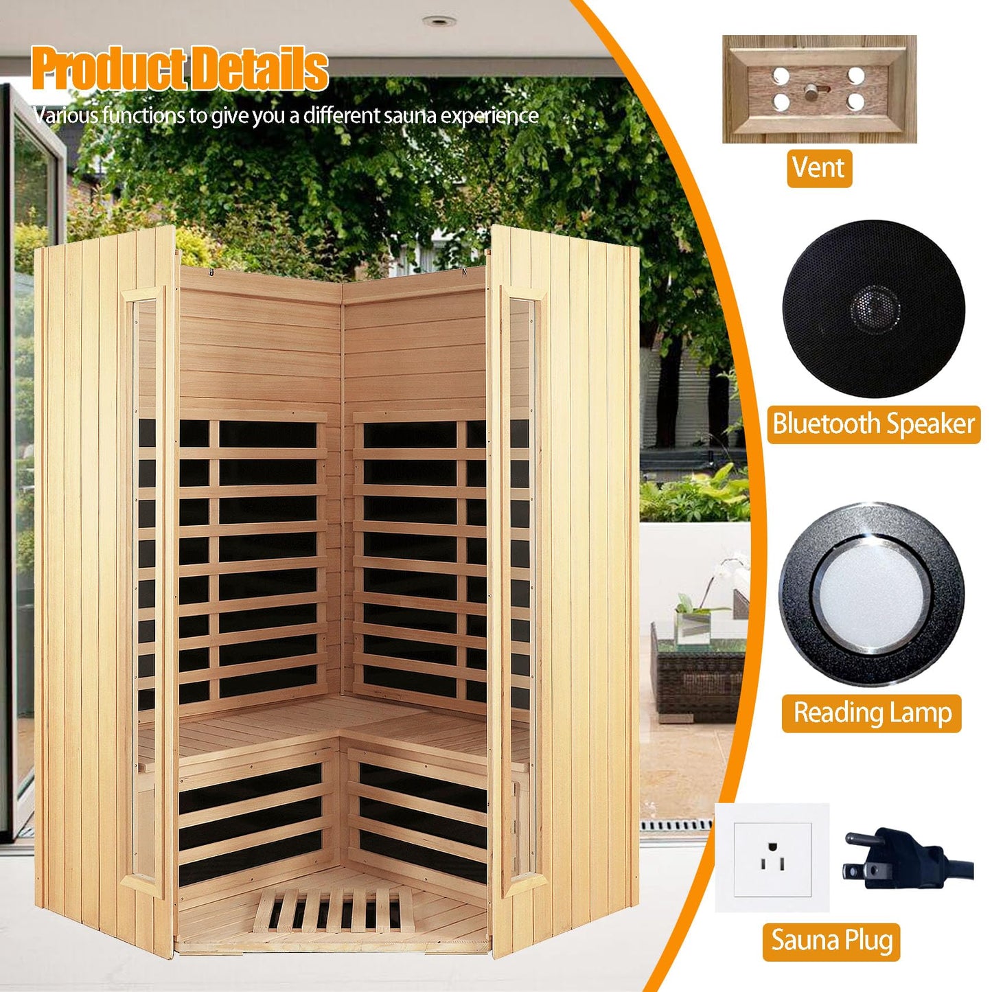 Far Infrared Sauna, 2-3 Person infrared sauna for home, Indoor Home Sauna Canadian Hemlock Wooden Sauna Dry Sauna with 7 Low EMF Heating Panels, Bluetooth Speakers, LED Reading Lights, 1670W