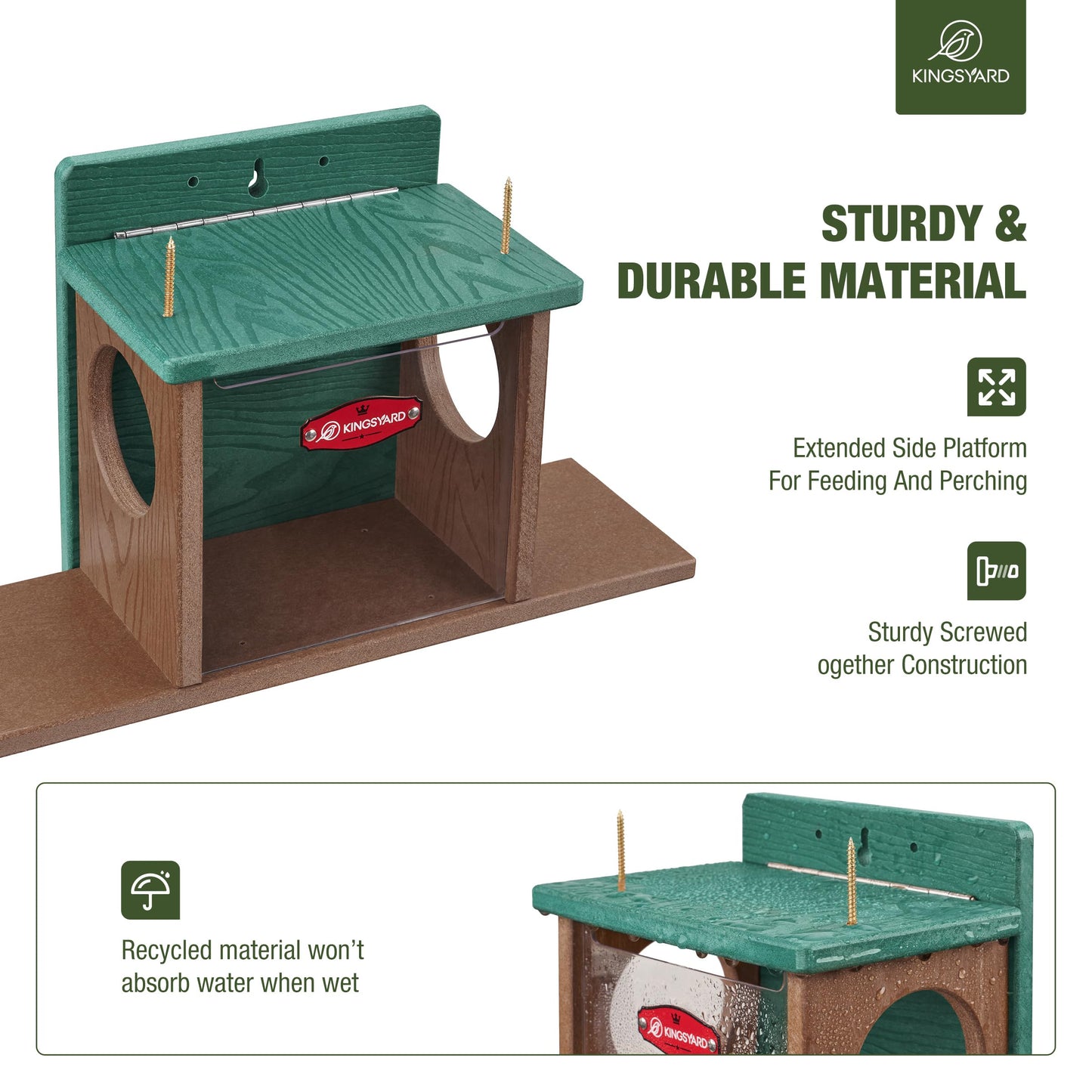 Kingsyard Squirrel Feeder Box for Outside, Recycled Plastic Squirrel Feeder Box with Corn Cob Holders, Easy to Refill & Clean, Weather-Proof Roof (Green)