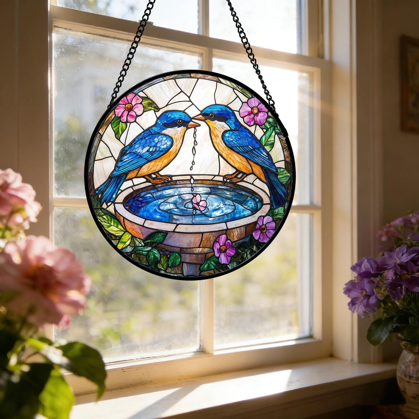 DASTOLL Stained Glass Window Hanging, 2 Blue Birds Suncatcher Diamond Glass Panel Hangings Bird Lover Sun Catchers Decor for Birthday for Women, Men, Wife, Aunt, and Mom 6.3 in