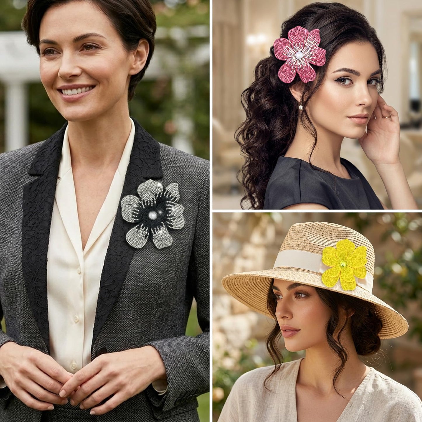 3.74 Inch Camellia Flower Hair Clips & Brooch Pins for Women | Crystal Camellia Hair Accessories, Hair Clip & Lapel Pin Design | Elegant Crystal Jewelry & Hair Accessories - (6-Pack)