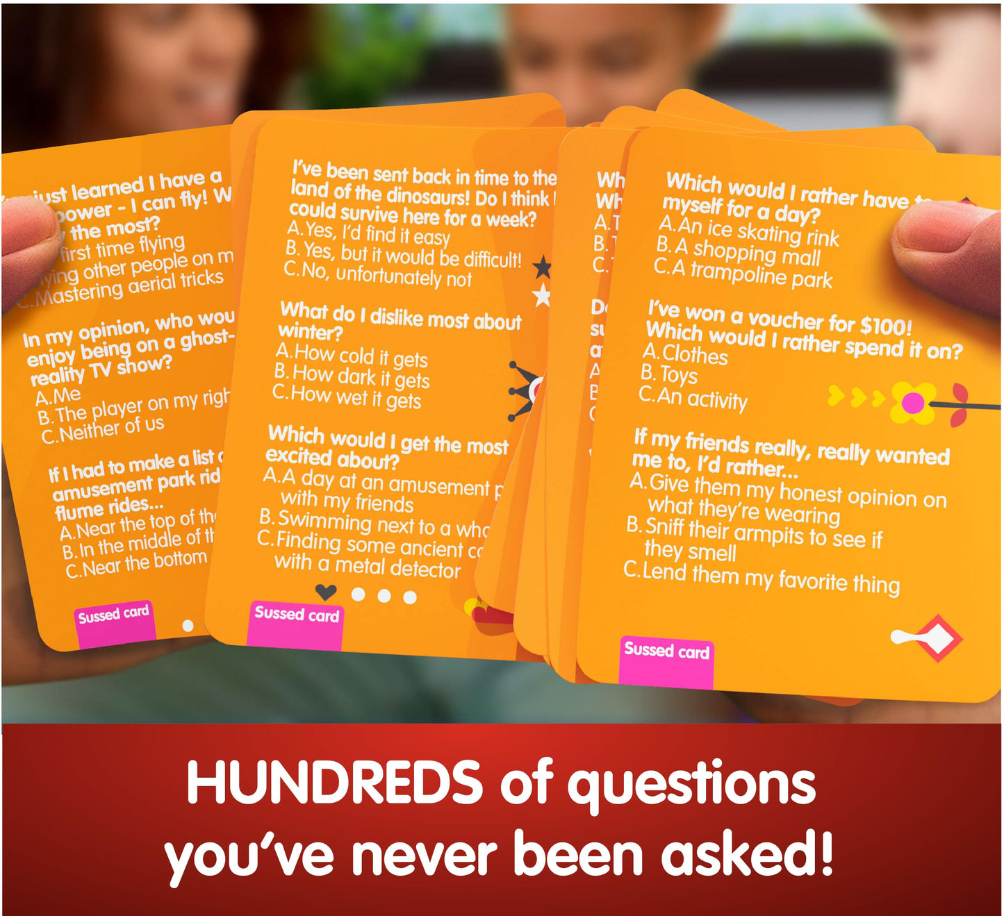 SUSSED The Wacky ‘What Would You Do’ Social Card Game - Simple Fun for Kids, Teens and Adults - Easy Family Travel Game for Road Trips - Ages 7 and Up - Orange Deck