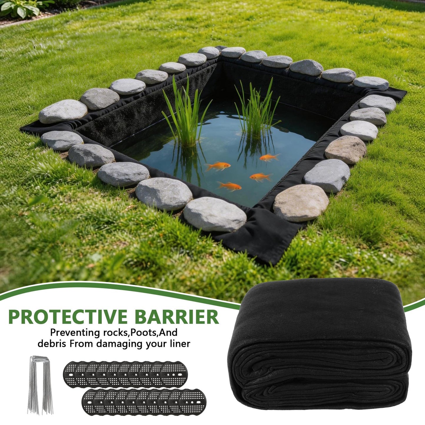 HZCGJMY Pond Liner Non-Woven Geotextile Underlayment 10 x 15 Feet Thickened Outdoor Ponds Underlayment Landscape Fabric Kit with 20 U-Pins and Gaskets for Ponds, Fish Koi, Waterscape