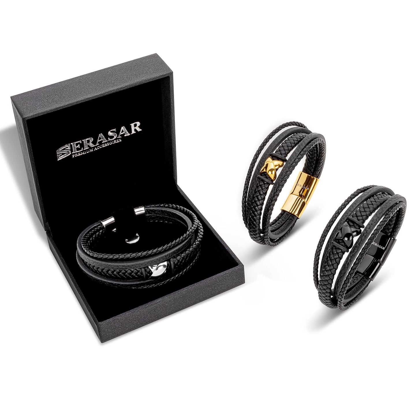 SERASAR Pulsera de oro para hombre 17cm con caja regalo hombre, trenzas piel vaca, cierre magnetico ajustable, joyero multicapa, joyeria cuerda magnetica masculina