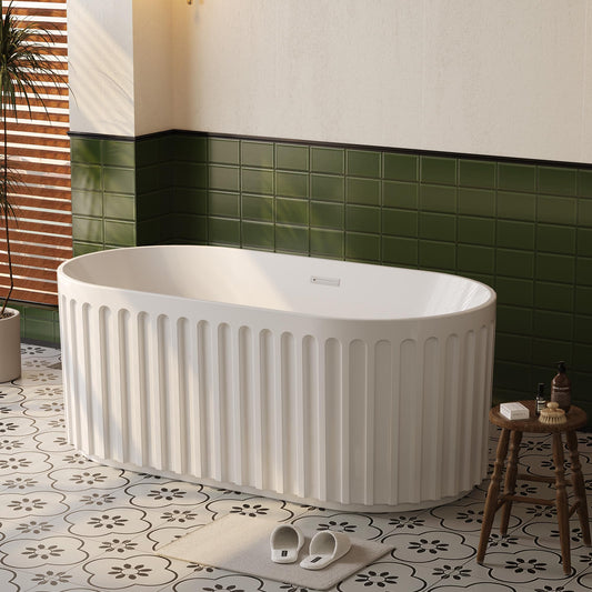 59" Modern V-Shape Freestanding Bathtub - Gloss White Acrylic Soaker with Pleated Design, Chrome Drain & Overflow,Cupc Certified,Gloss White
