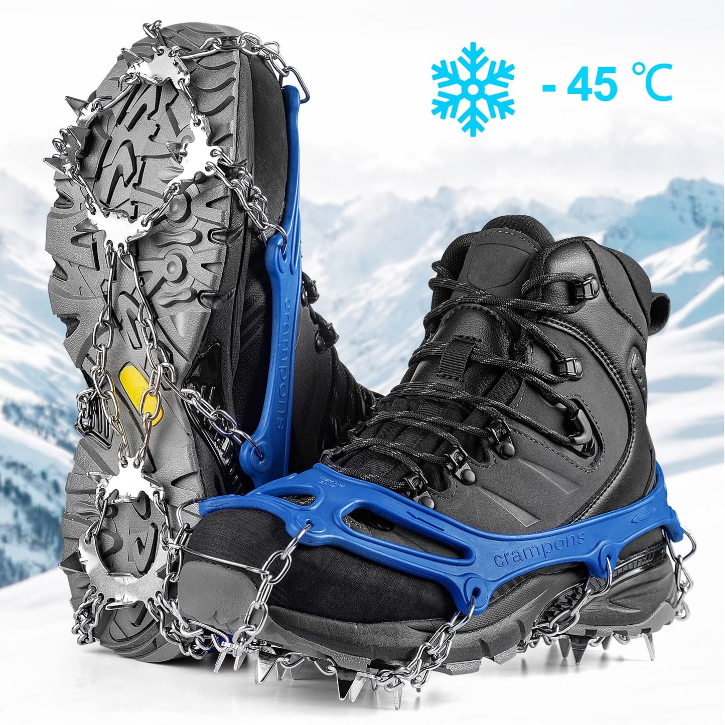 Crampons Ice Cleats Traction Snow Grips for Boots Shoes Women Men Anti Slip 19 Stainless Steel Spikes Safe Protect for Hiking Fishing Walking Climbing Mountaineering