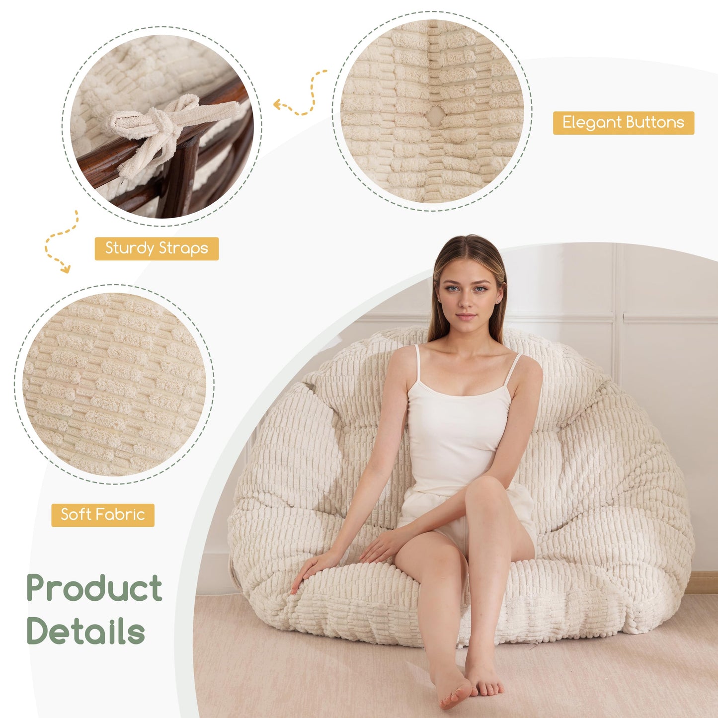 HIGOGOGO Papasan Chair Cushion with Thick Corduroy Cover (Without Chair), Supportive Cushion, Beige, 48 x 48 Inch