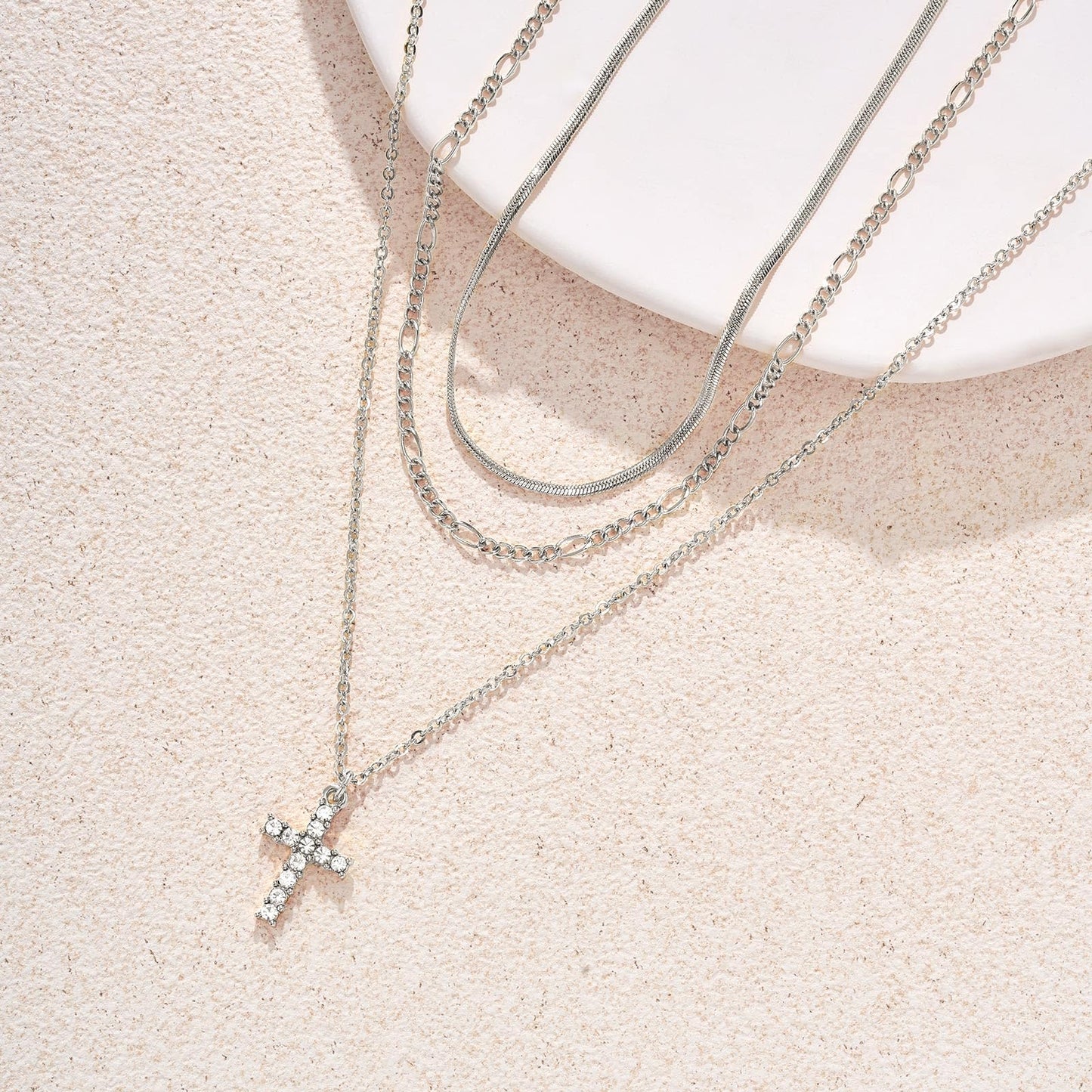 LANE WOODS 3-Piece Gold Layered Necklace Set for Women, 14k Gold Plated CZ Cross Pendant Choker, Dainty Stackable Adjustable Trendy Jewelry Gift for Wife Mom