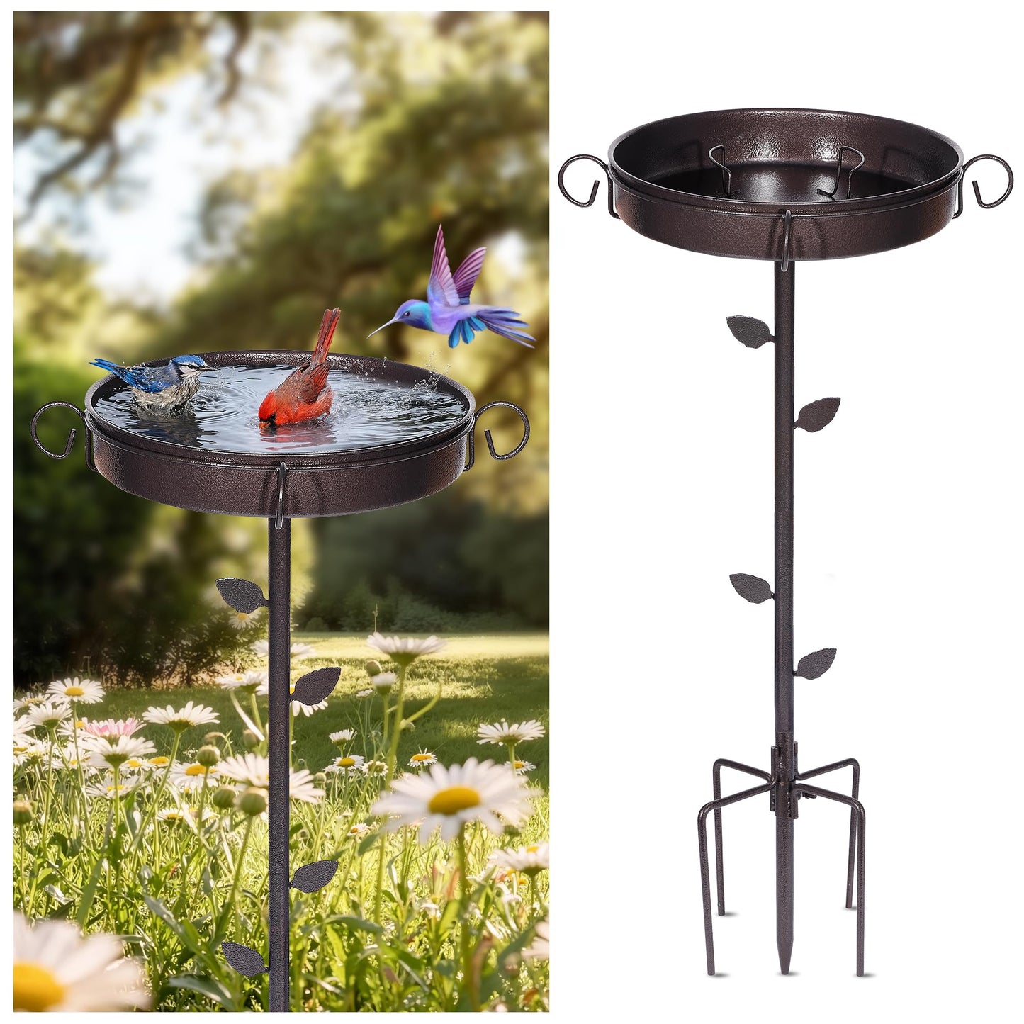 NestShld 35 in Metal Bird Bath for Outside,12 in Dia Bowl with Upgraded 5-Pronged Base,Freestanding Bird Feeder Stand for Patio,Lawn,Garden