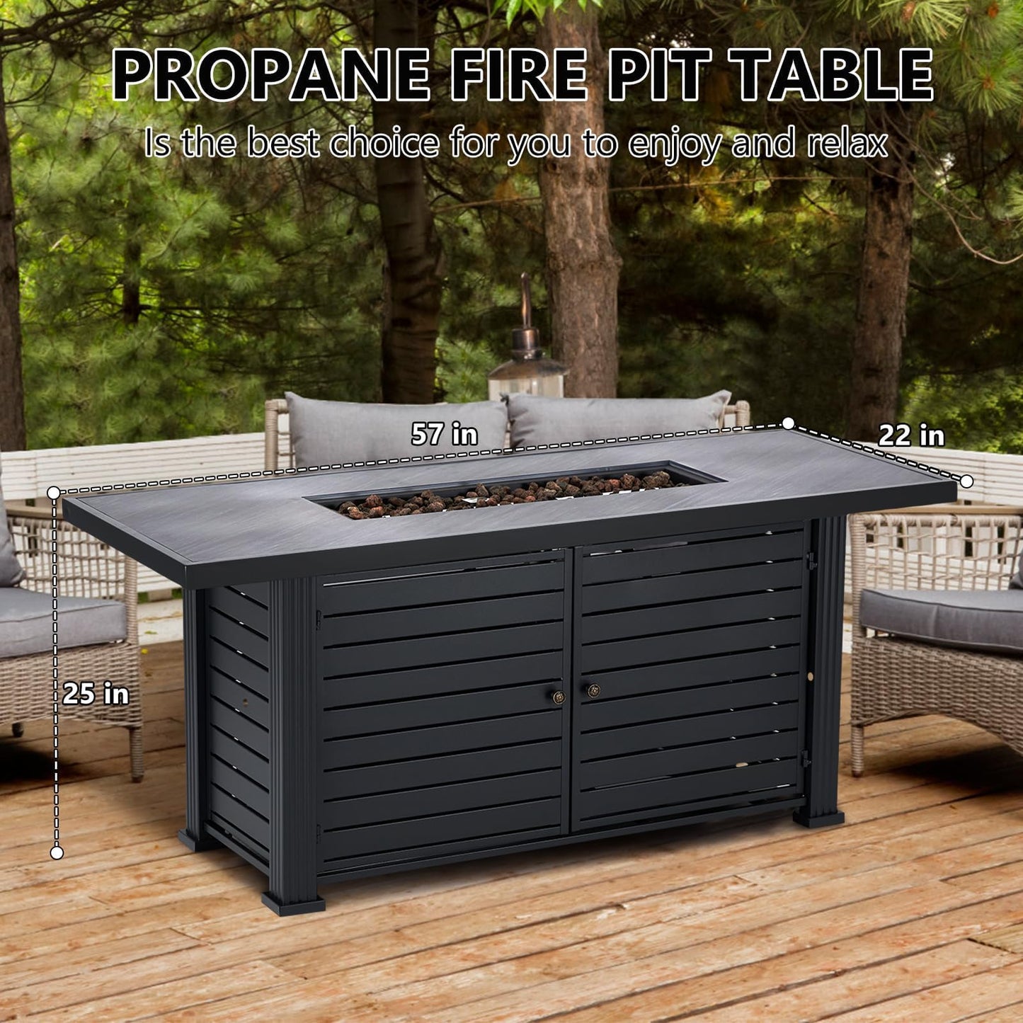 57" Fire Pit Table, 50000BTU Rectangle Propane Fire Table with Cover & Rain Cover, Sturdy Steel and Iron Fence Surface, CSA Safety Certified, Companion for Your Garden (Enlarged Version)
