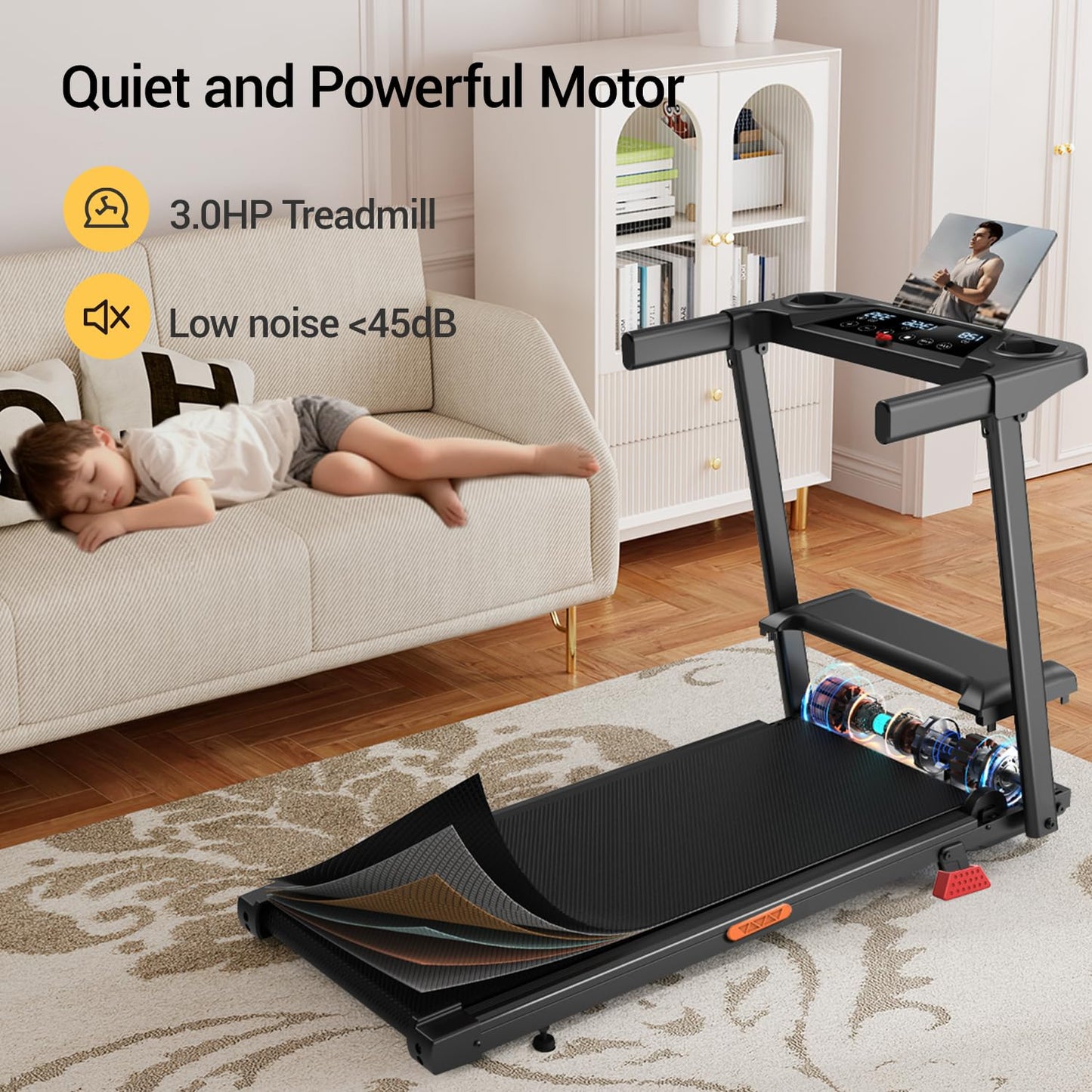 16% Incline Treadmill with Handle, 3-in-1 Portable Treadmills for Home and Office, Foldable Treadmills with 300 Lbs Weight Capacity, 3.0HP Quiet Walking Pad Treadmill, Three Screen (16% Black)