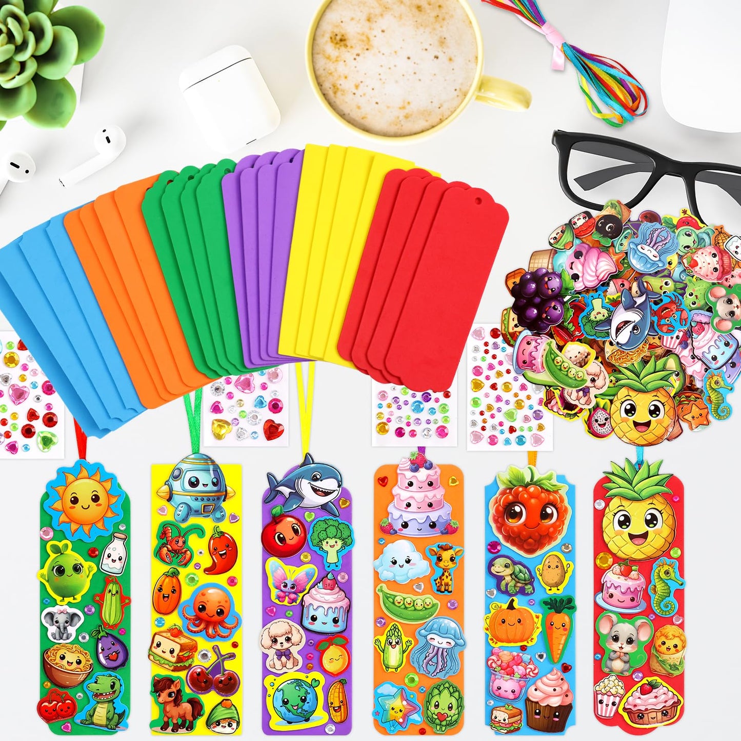 Treasure Cove Bookmark Craft Kits Kids DIY Bookmark Kit Foam Bookmarks Crafts Art Sets Fruits Sweet Treats Sun Ornaments Stickers for Kids Classroom Activities Rewards Party Favor 24 Pcs
