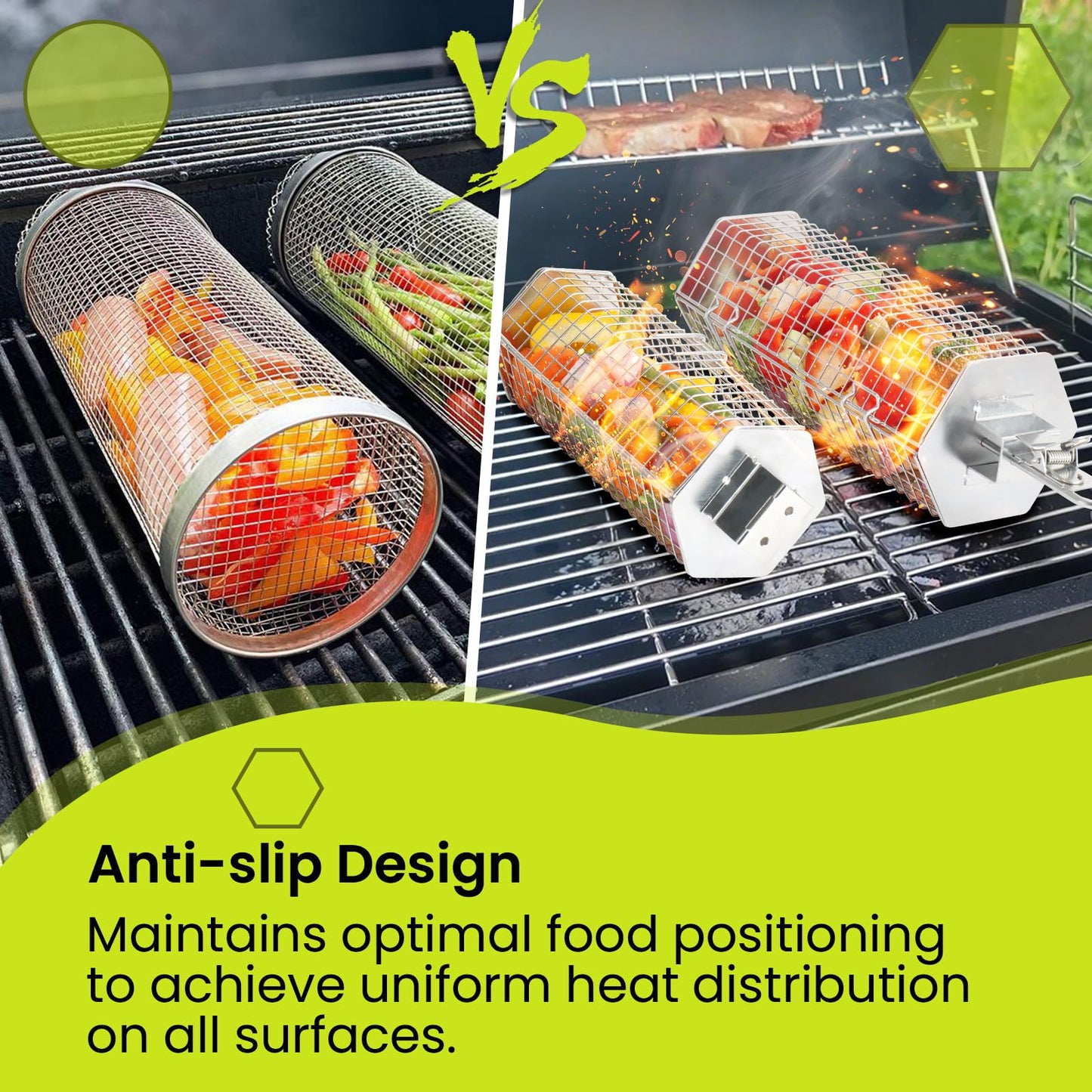 Grill Baskets 2PCS 304 Stainless Steel with Removable Wooden Handle Hexagon Design for BBQ Camping & Outdoor Cooking Accessories, Great Gift for Grill Lovers
