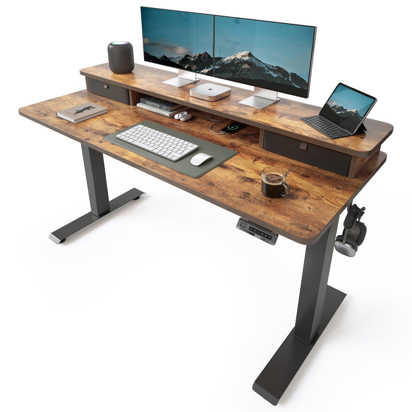 TENKIA 55x24 Inch Electric Standing Desk with Double Drawers, Adjustable Feet & Hooks, Ergonomic Home Office Workstation, Rustic Brown