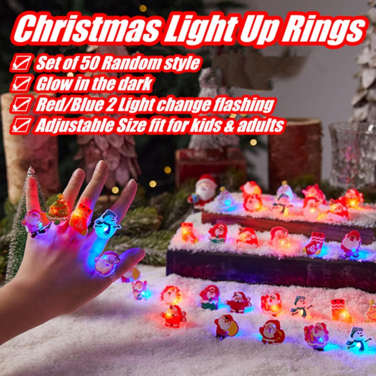Qvatoxis Christmas Party Favors Light Up Rings 50Pcs Glow in the Dark Party Supplies Finger Rings Decoration for Kids Adults