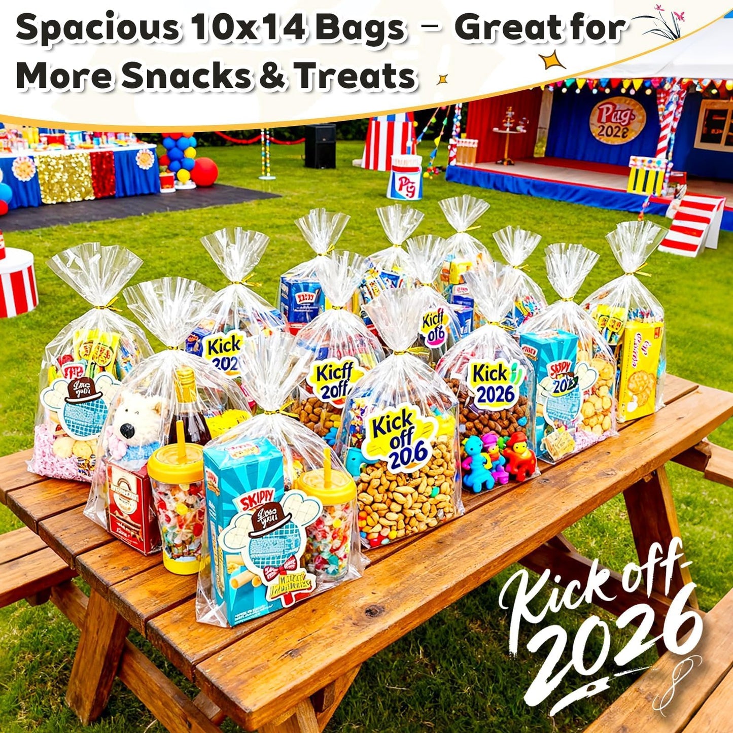 PigPotParty Cellophane Bags 10x14 Inch, 100 Pack Clear Plastic Gift Bags with Bottom Gusset for Stand-Up Display, Medium Cello Wrap for Large Goodies, Treats, Party Favors, Mugs, Includes 100 Ties