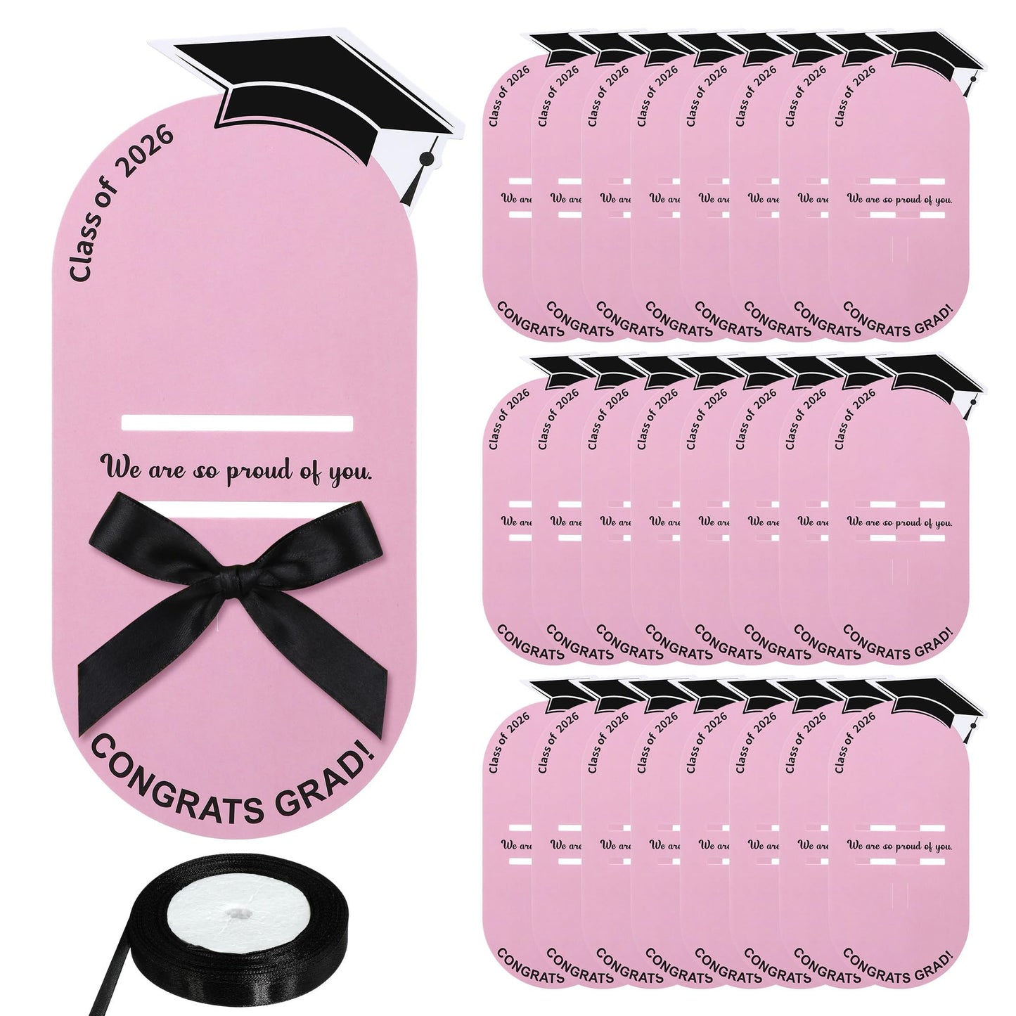 Sabary 24 Pcs Graduation Single Flower Card Sleeve Class of 2026 Fake Rose Sunflower Single Bouquet Flower Holder Wrapping Portable with Ribbon Grad Gift Packaging for College Grad High School(Pink)