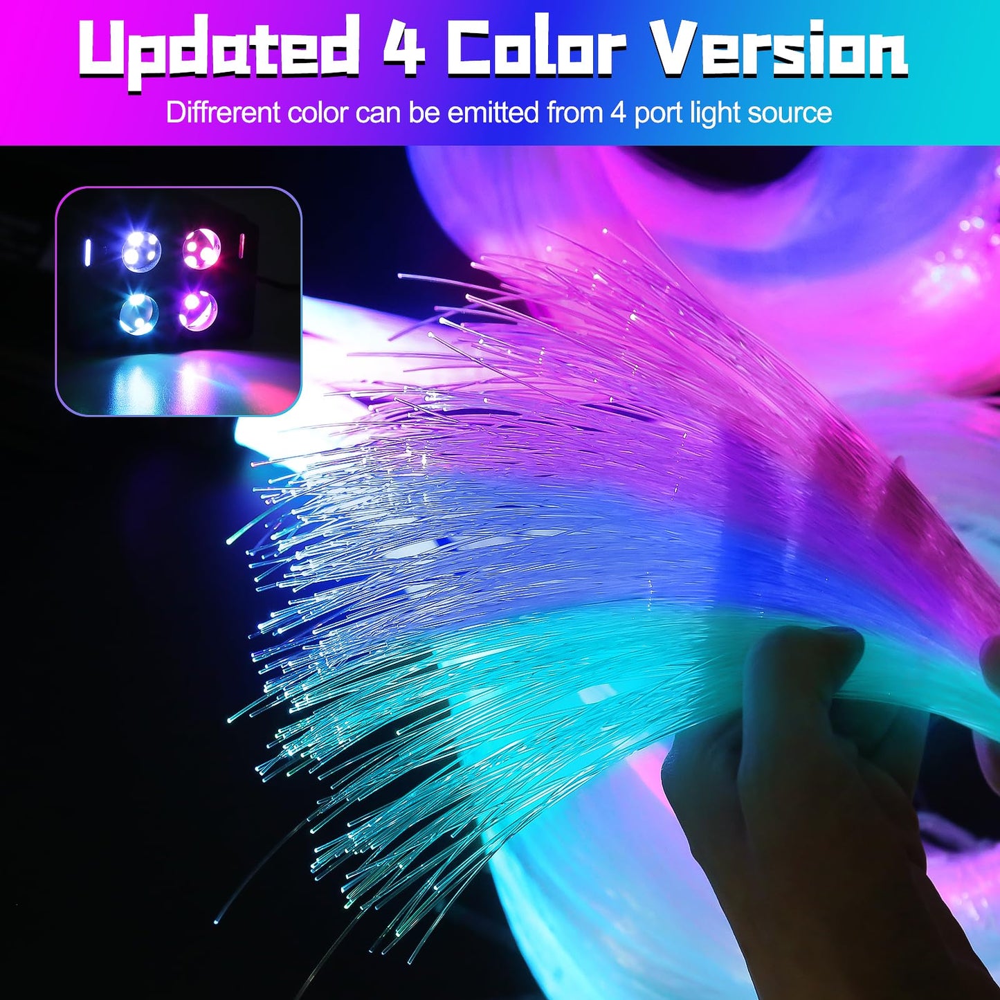 4 Colors 32W Twinkle Starlight Headliner Kit for Car Home with APP&RF Remote,RGBW 650pcs*0.03in*13.1ft Cables Fiber Optic Star Sky Roof Lights,4 Port Engine Sound Activated Ceiling Star Lights for Car